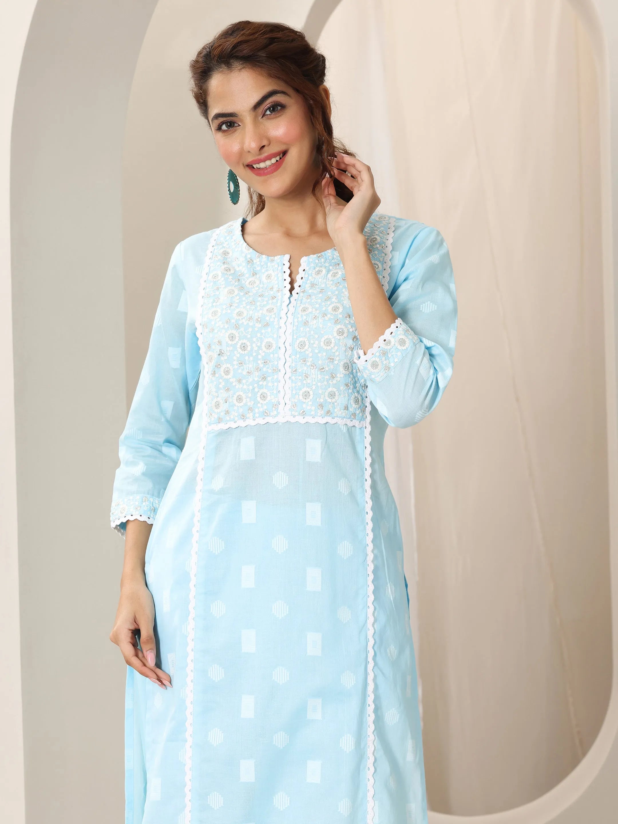 Blue Embroidered Cotton Straight Suit Set With Dupatta
