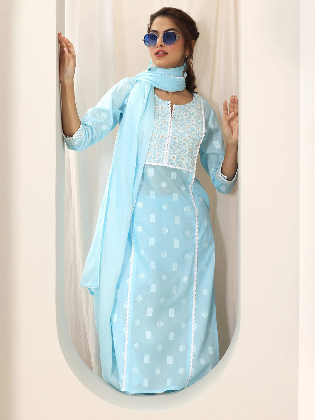 Blue Embroidered Cotton Straight Suit Set With Dupatta