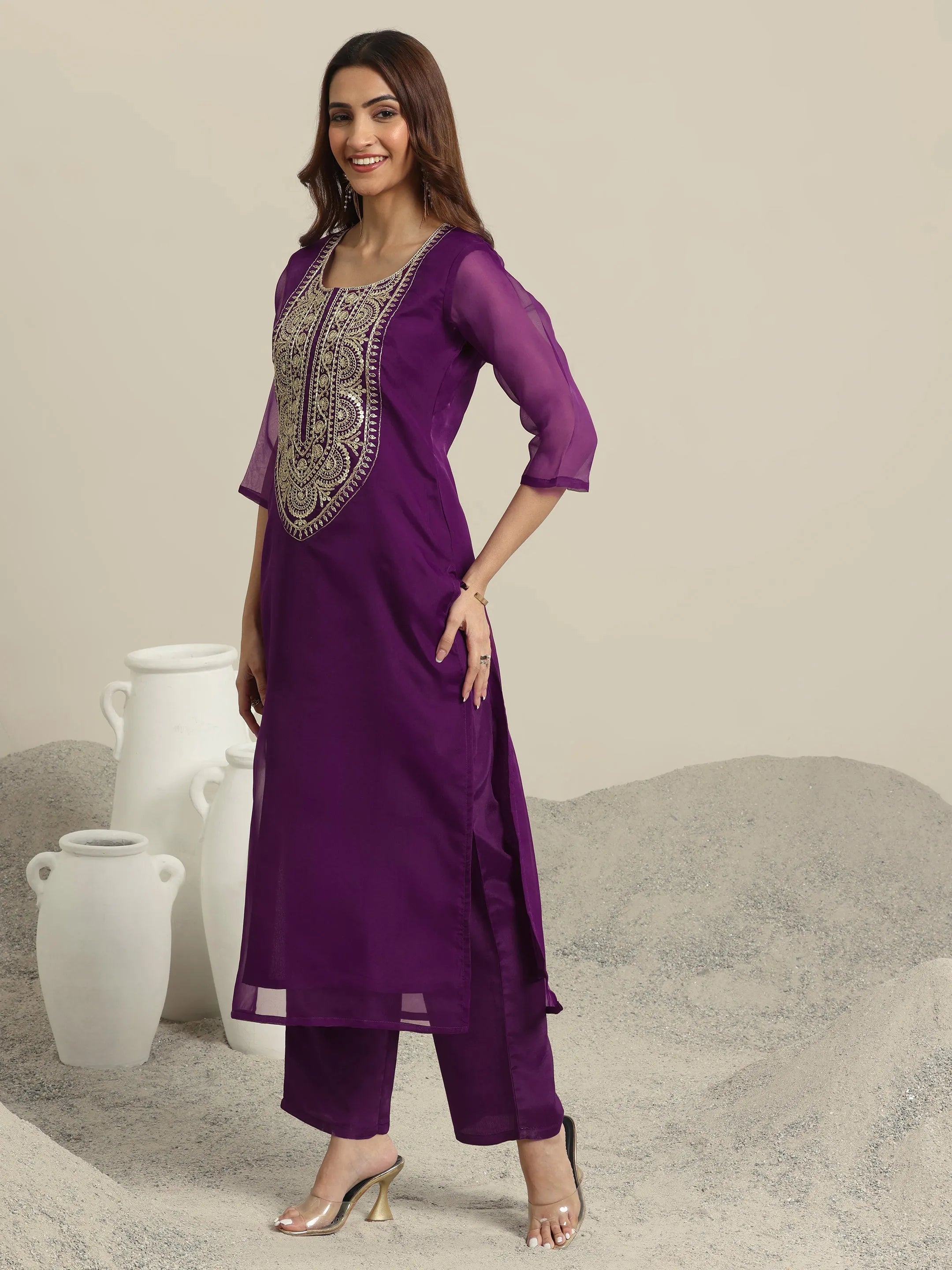 Burgundy Yoke Design Organza Straight Suit Set With Dupatta