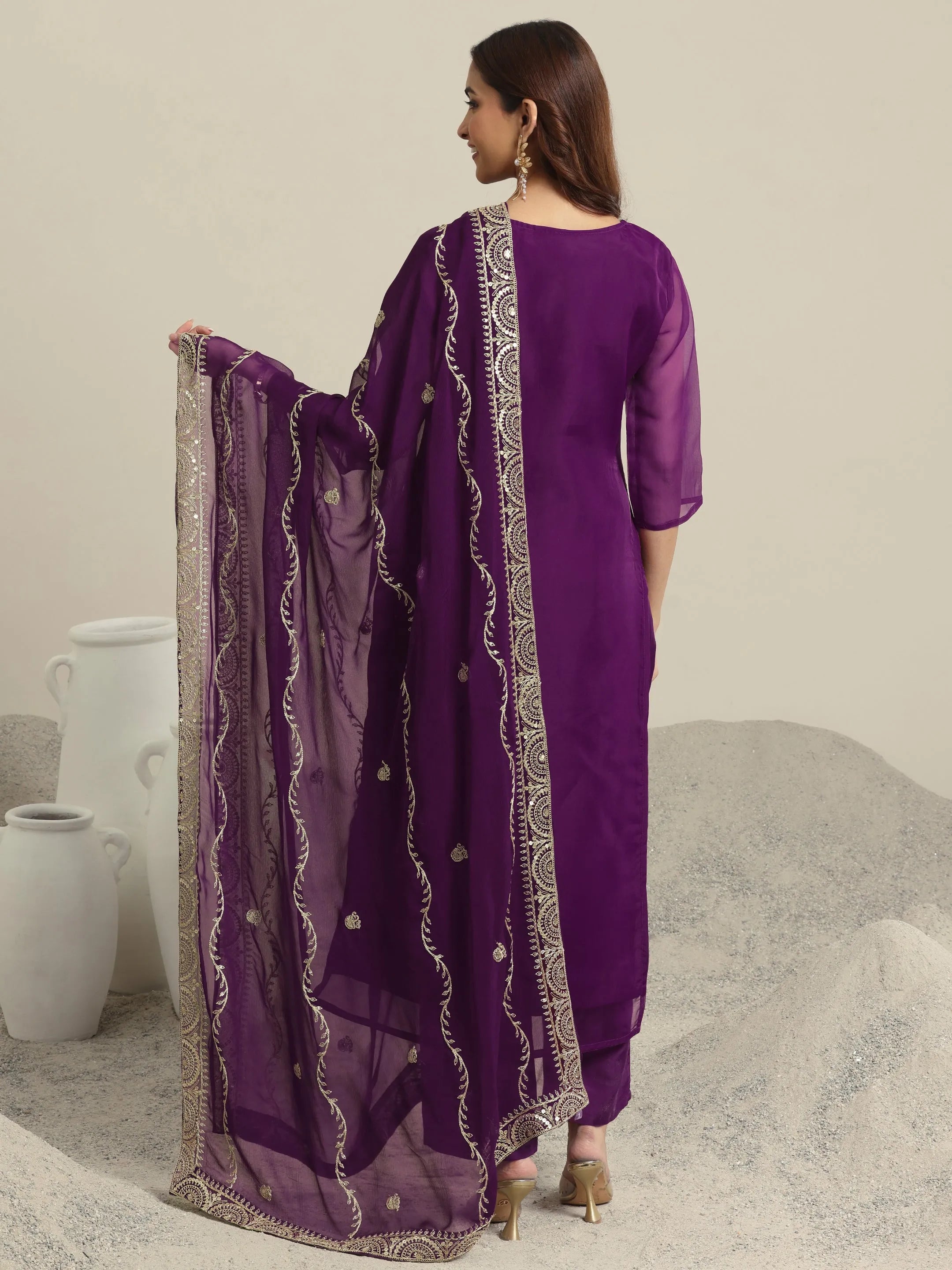 Burgundy Yoke Design Organza Straight Suit Set With Dupatta