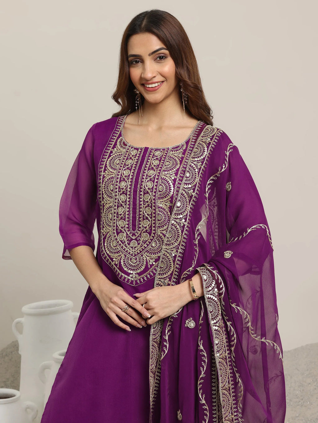 Burgundy Yoke Design Organza Straight Suit Set With Dupatta