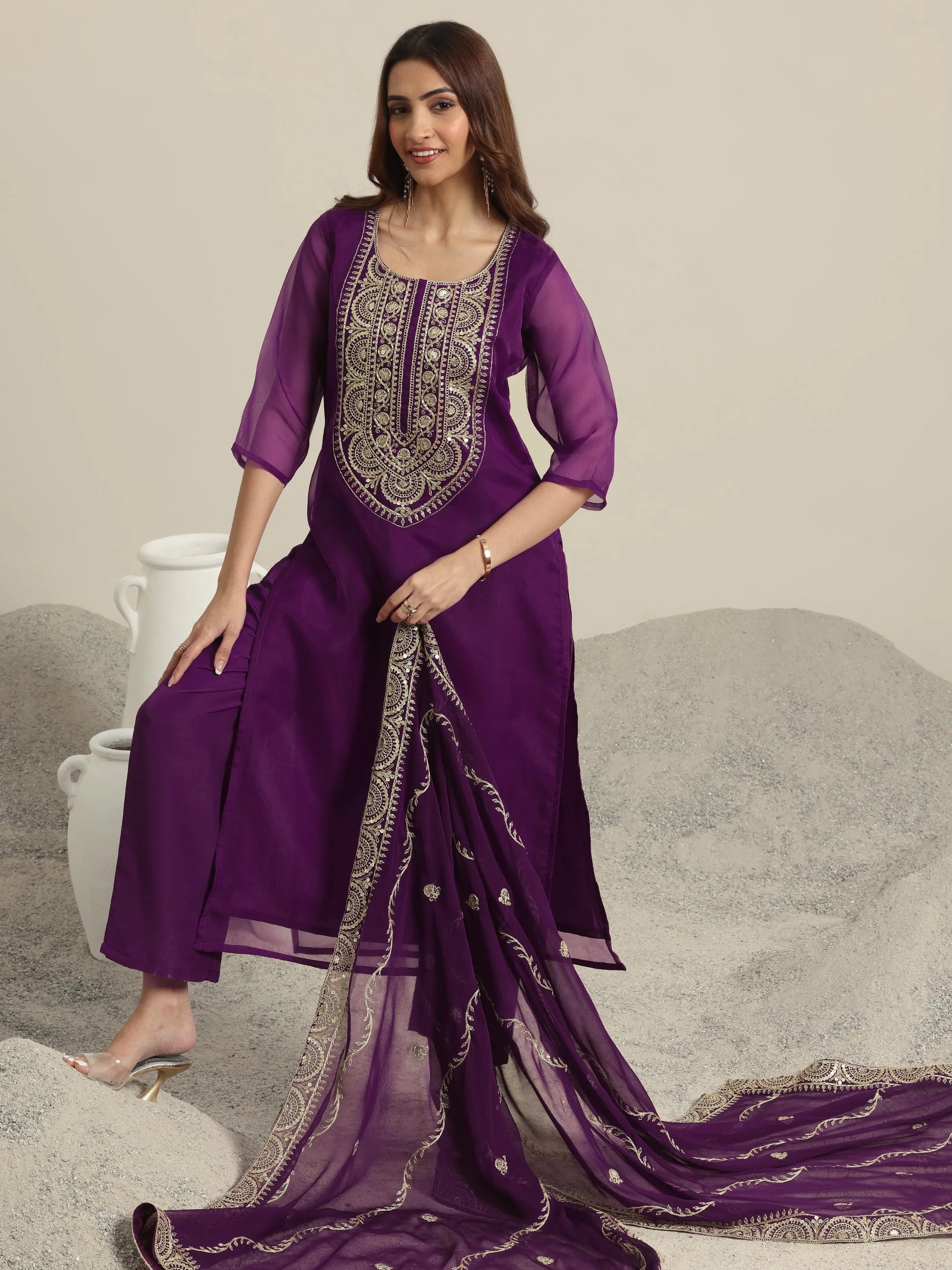 Burgundy Yoke Design Organza Straight Suit Set With Dupatta