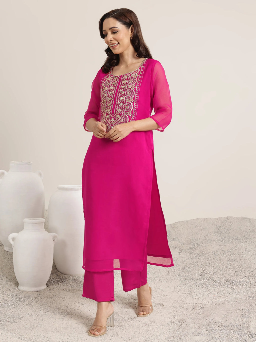 Pink Yoke Design Organza Straight Suit Set With Dupatta