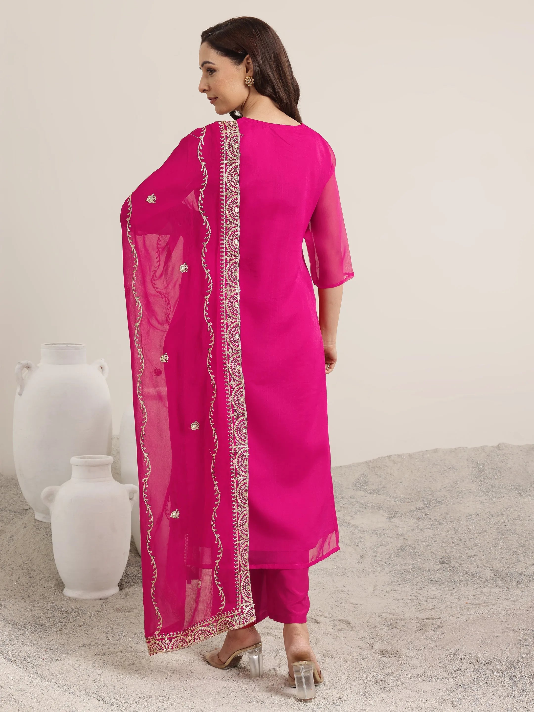 Pink Yoke Design Organza Straight Suit Set With Dupatta