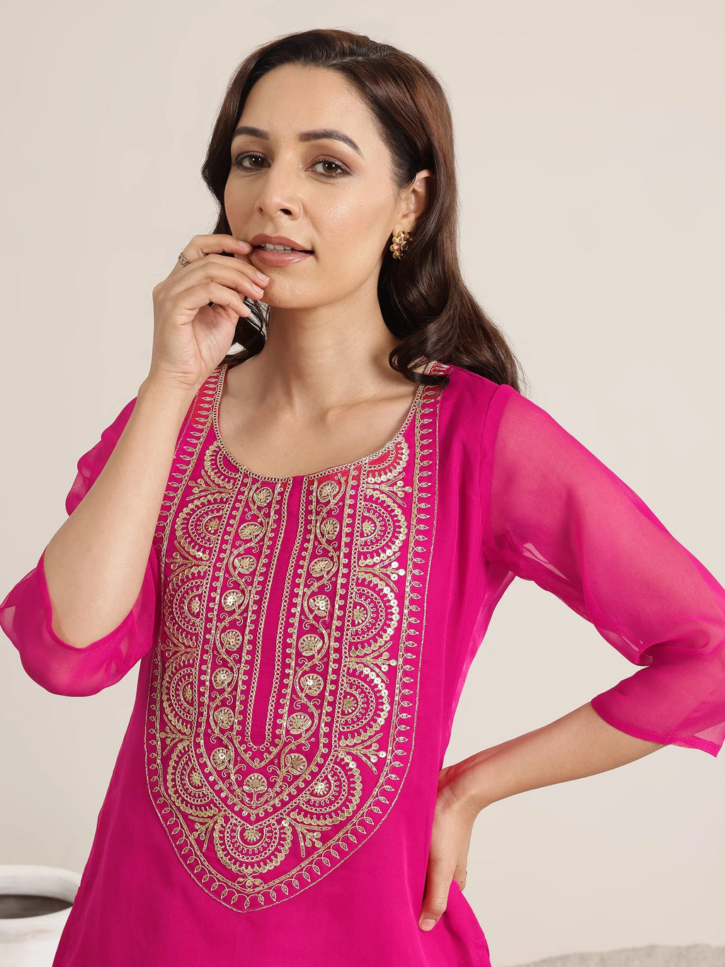 Pink Yoke Design Organza Straight Suit Set With Dupatta