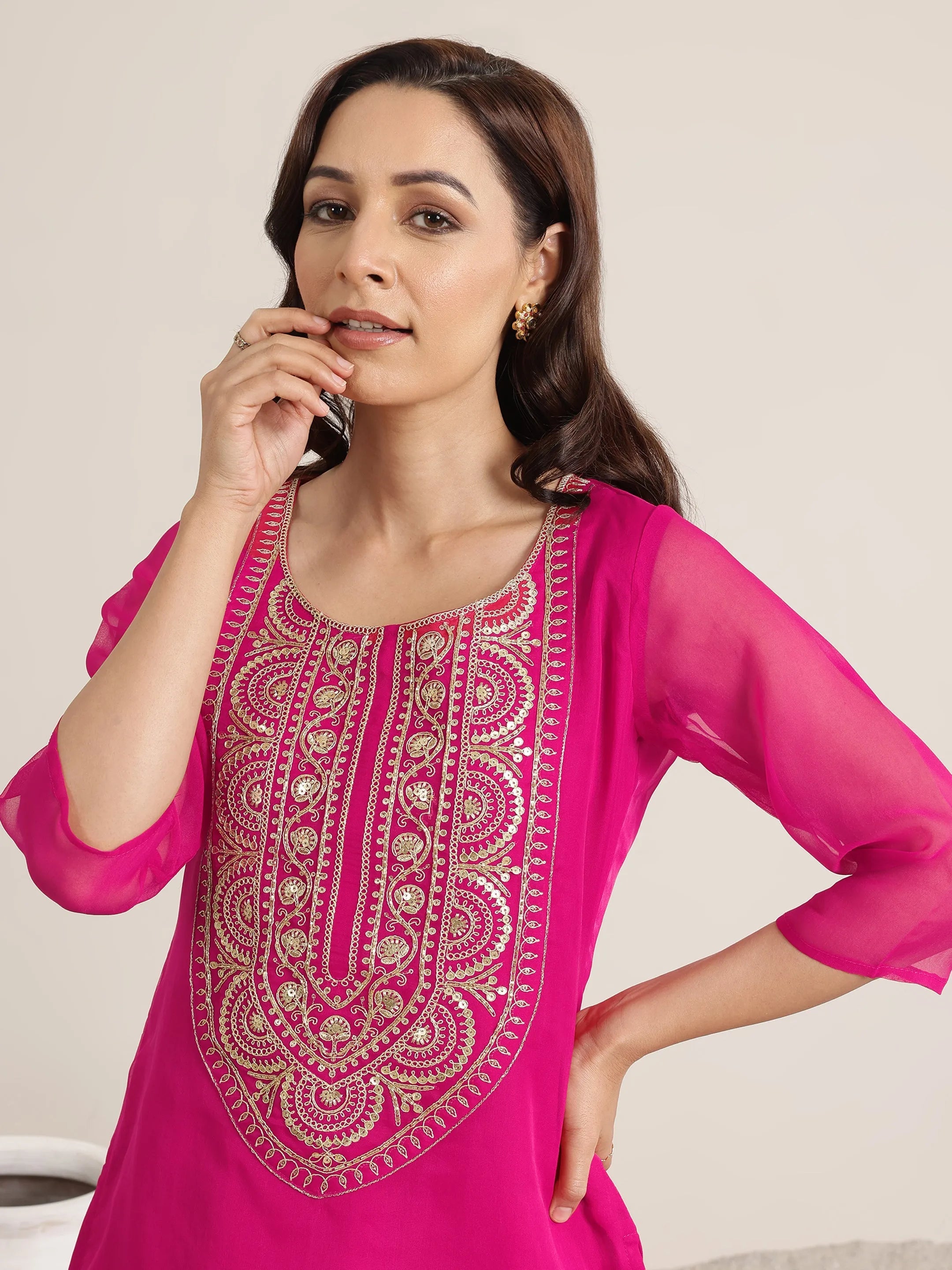 Pink Yoke Design Organza Straight Suit Set With Dupatta