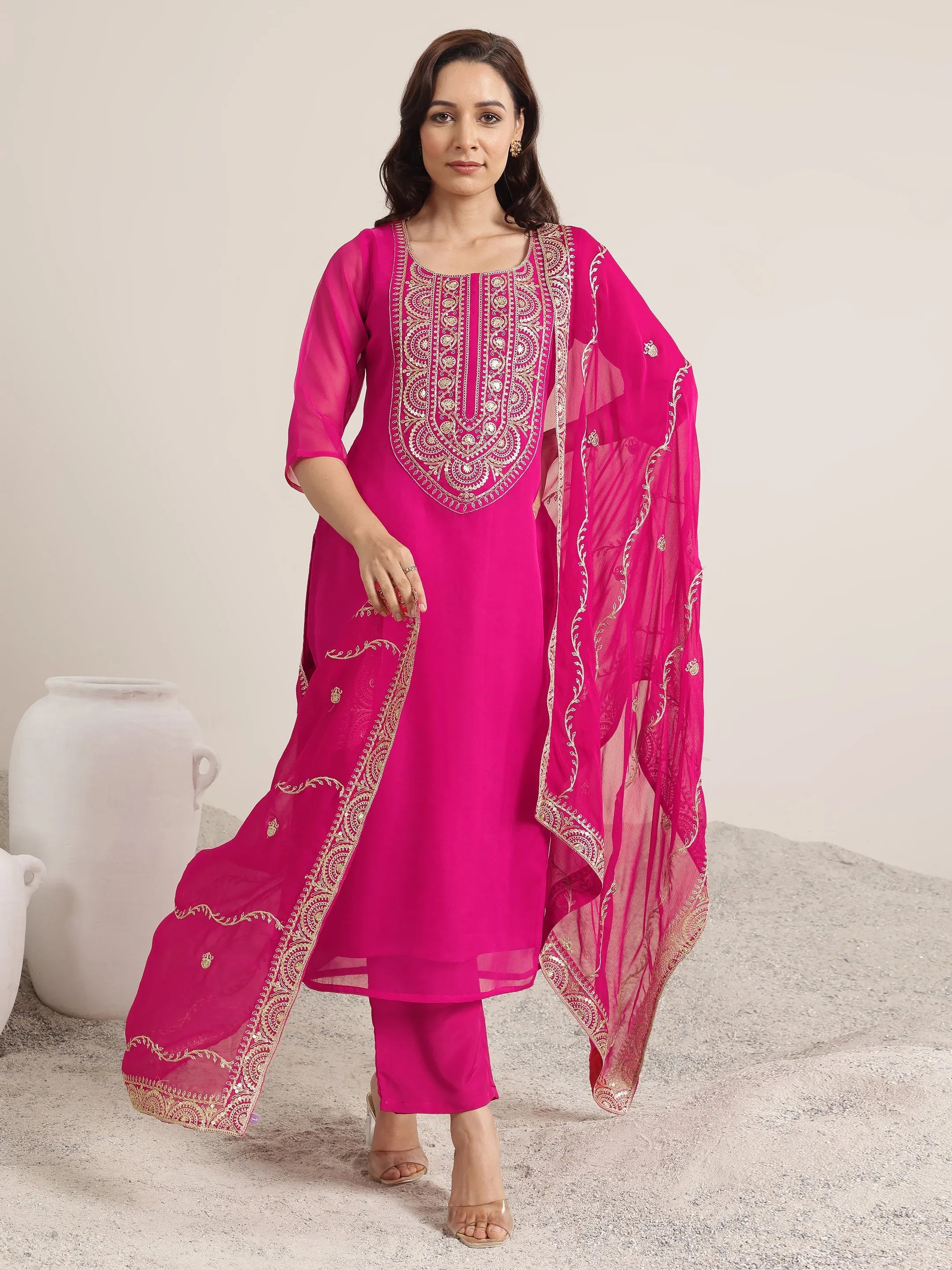 Pink Yoke Design Organza Straight Suit Set With Dupatta