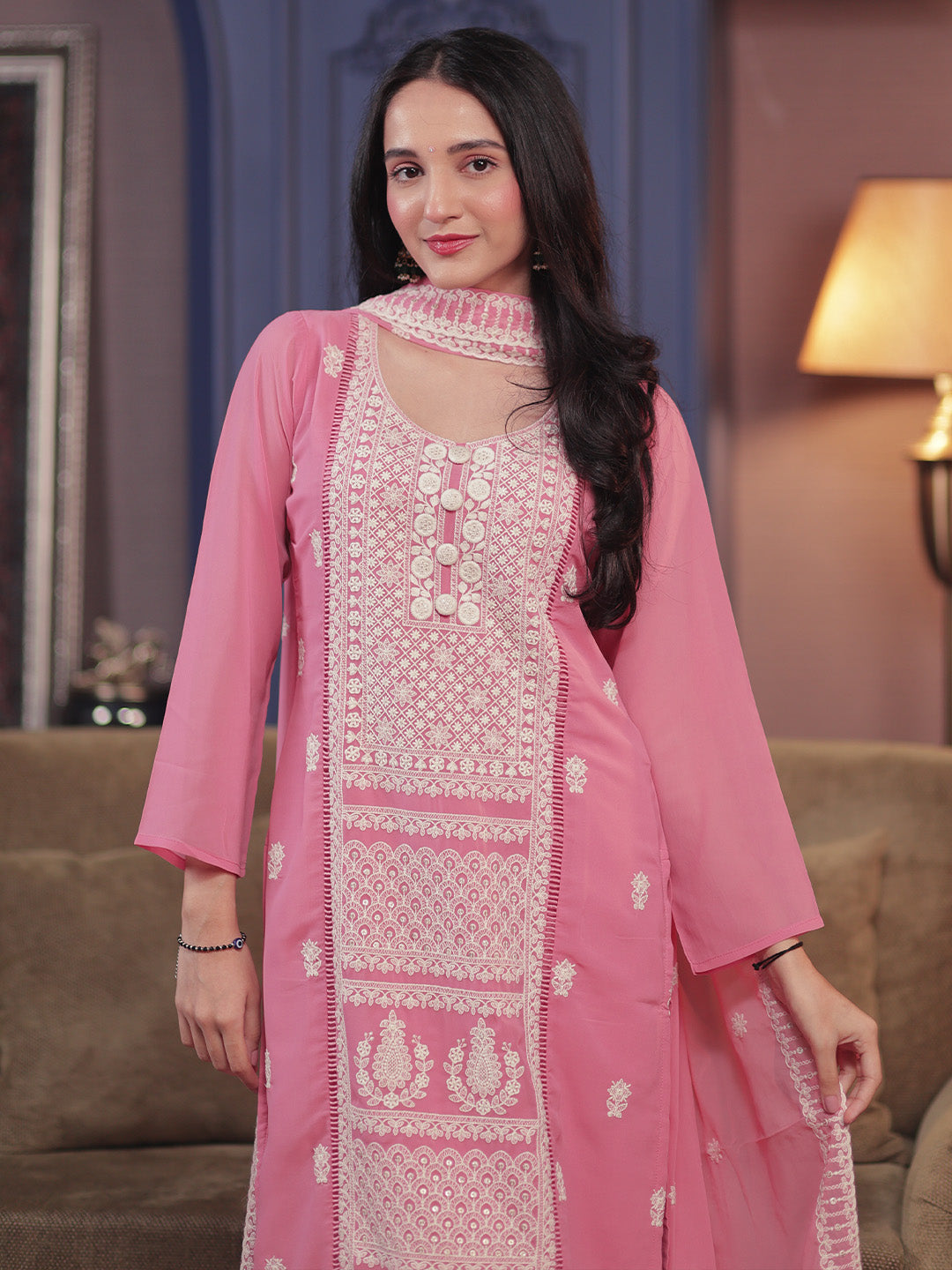 Pink Embroidered Georgette Straight Suit Set With Dupatta