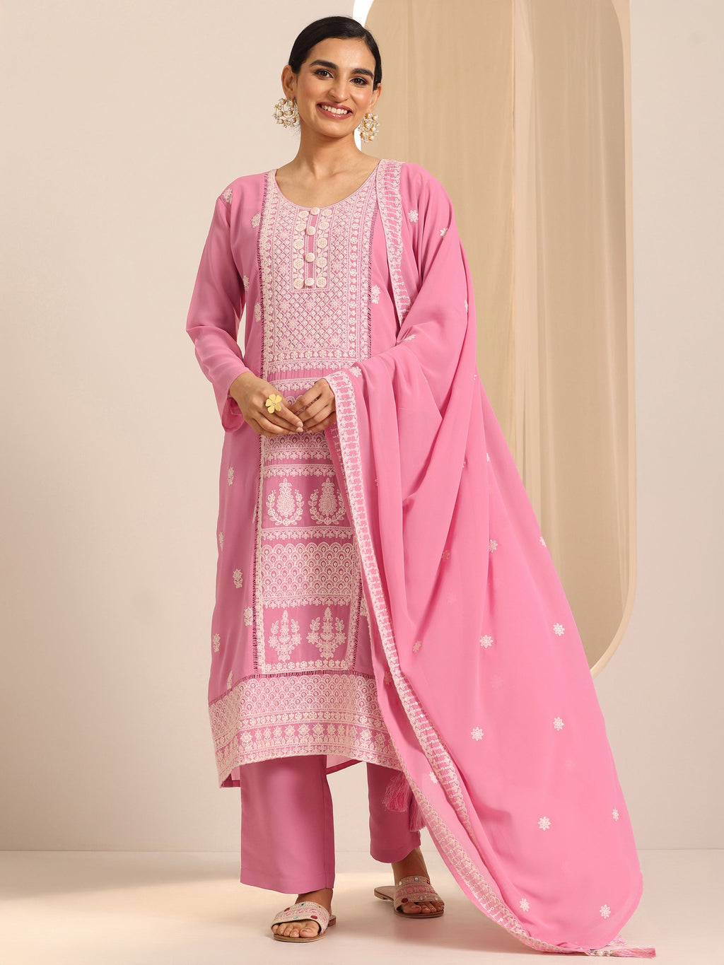 Pink Embroidered Georgette Straight Suit Set With Dupatta
