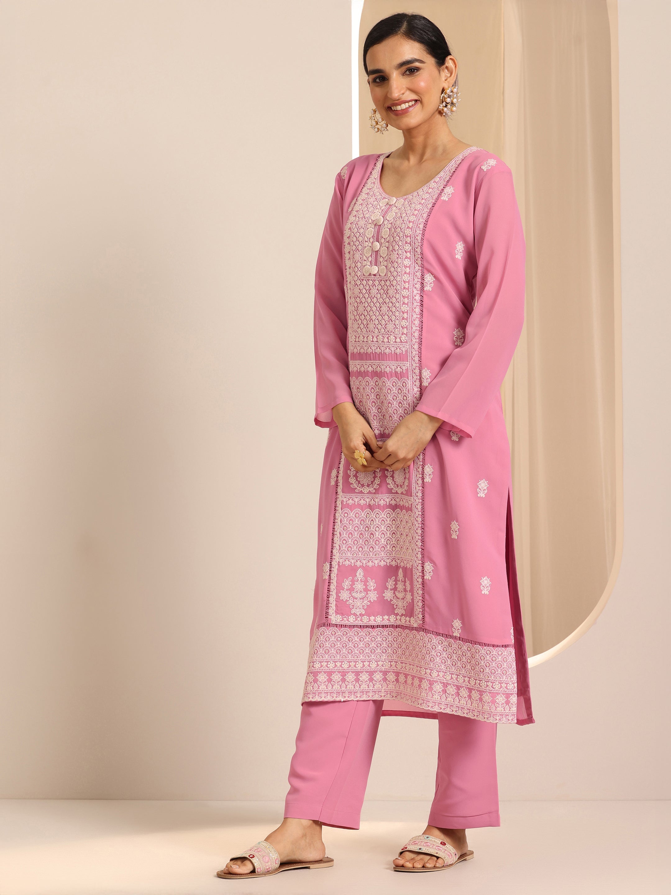 Pink Embroidered Georgette Straight Suit Set With Dupatta