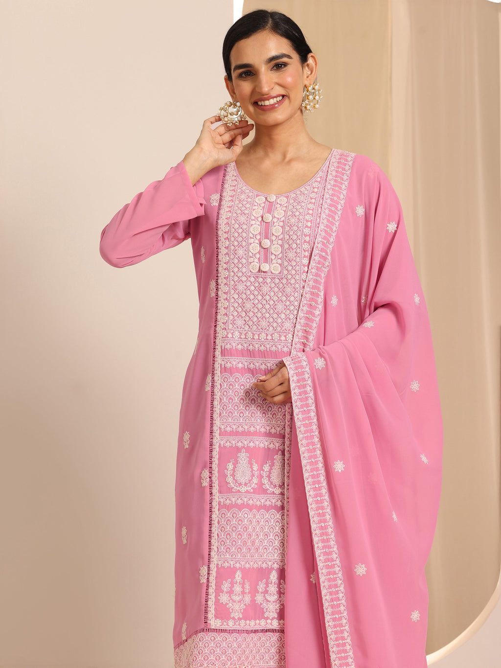 Pink Embroidered Georgette Straight Suit Set With Dupatta