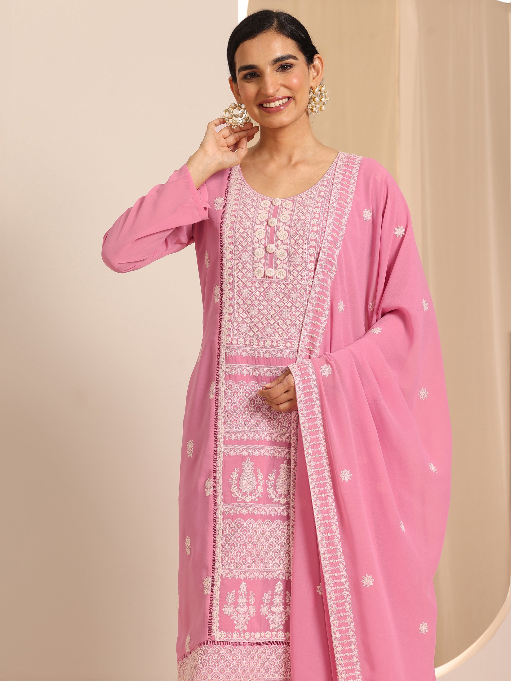 Pink Embroidered Georgette Straight Suit Set With Dupatta