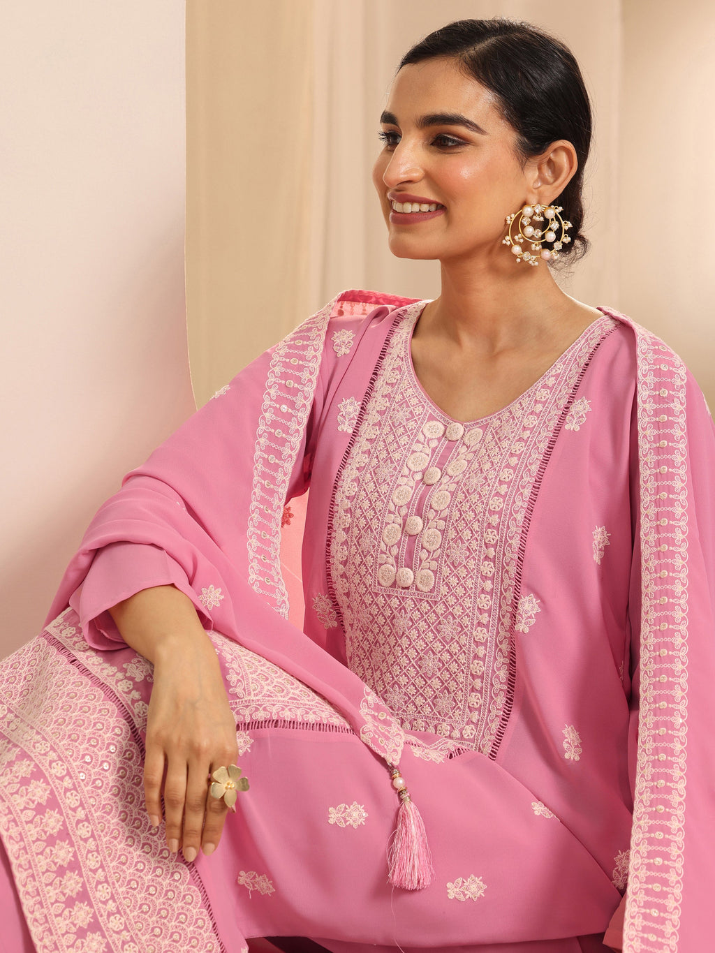 Pink Embroidered Georgette Straight Suit Set With Dupatta