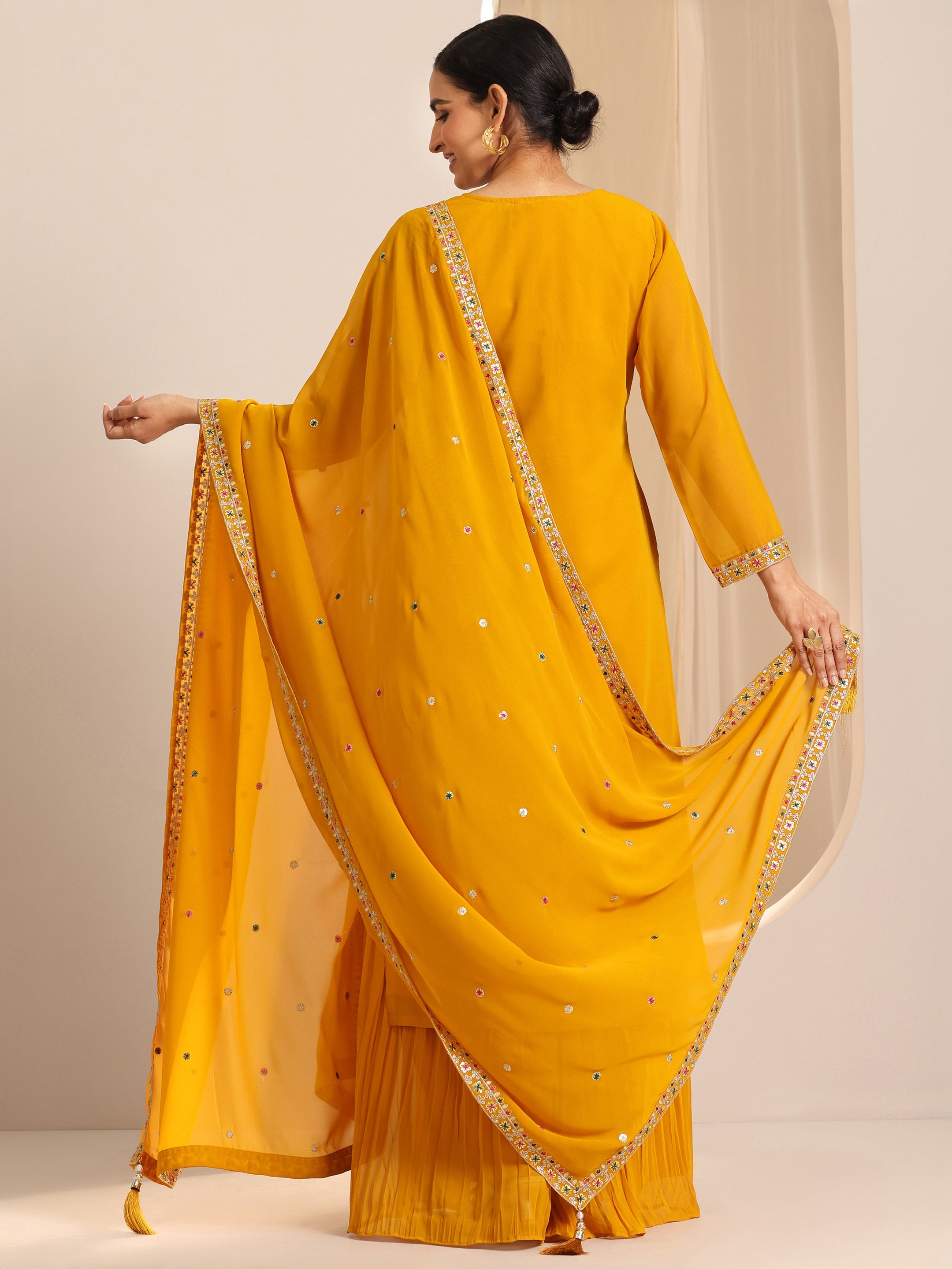 Mustard Embroidered Georgette Straight Suit Set With Dupatta