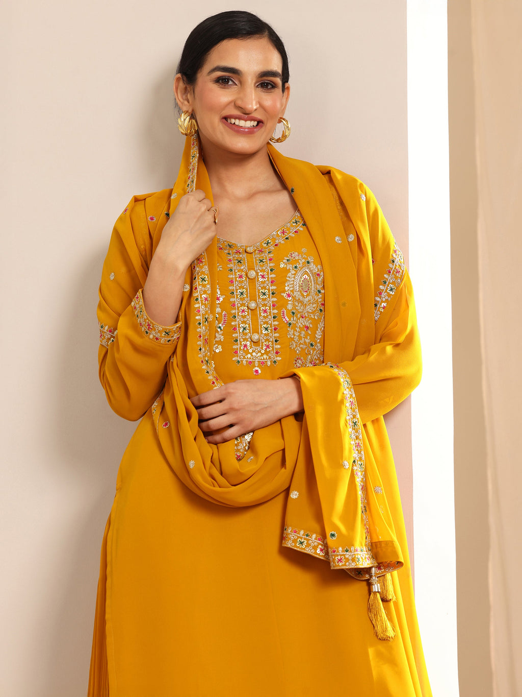 Mustard Embroidered Georgette Straight Suit Set With Dupatta