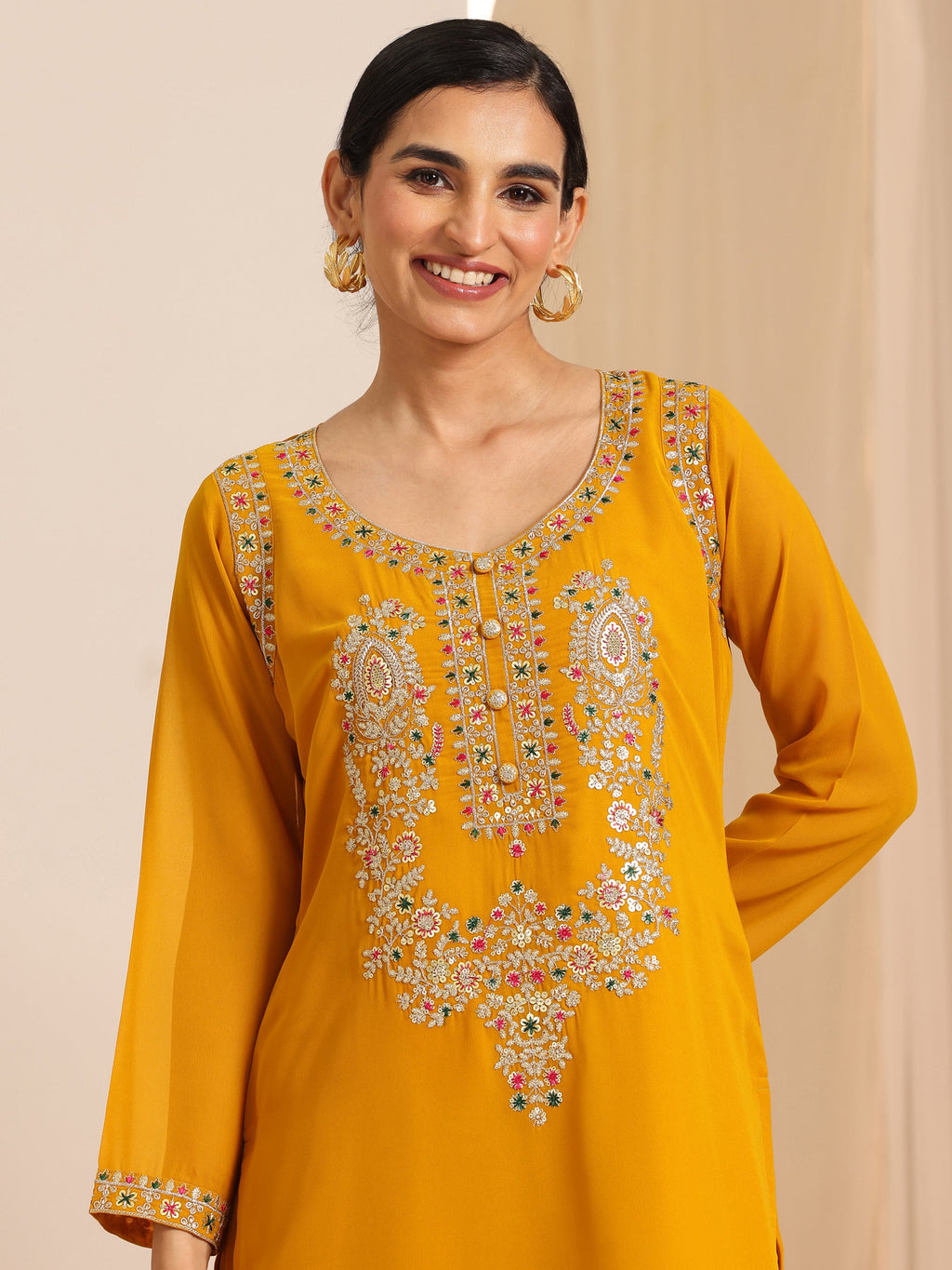 Mustard Embroidered Georgette Straight Suit Set With Dupatta