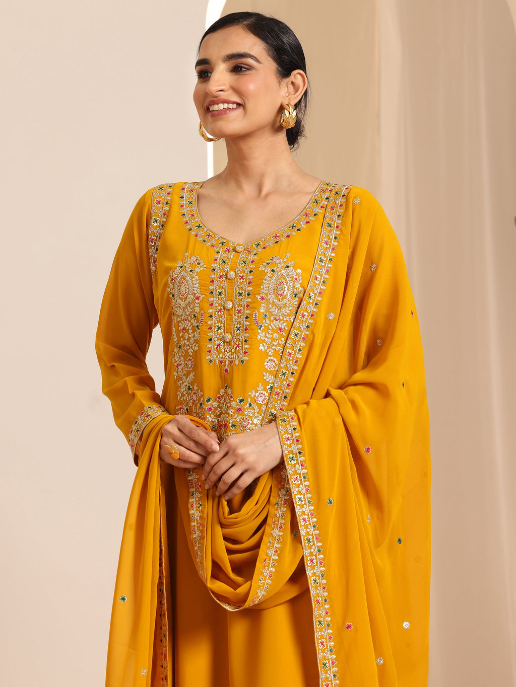 Mustard Embroidered Georgette Straight Suit Set With Dupatta