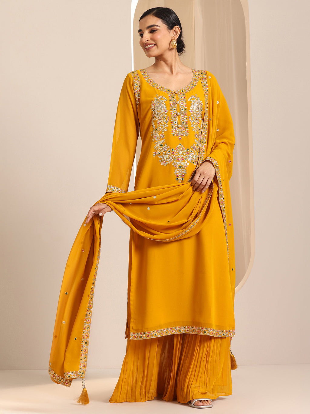 Mustard Embroidered Georgette Straight Suit Set With Dupatta