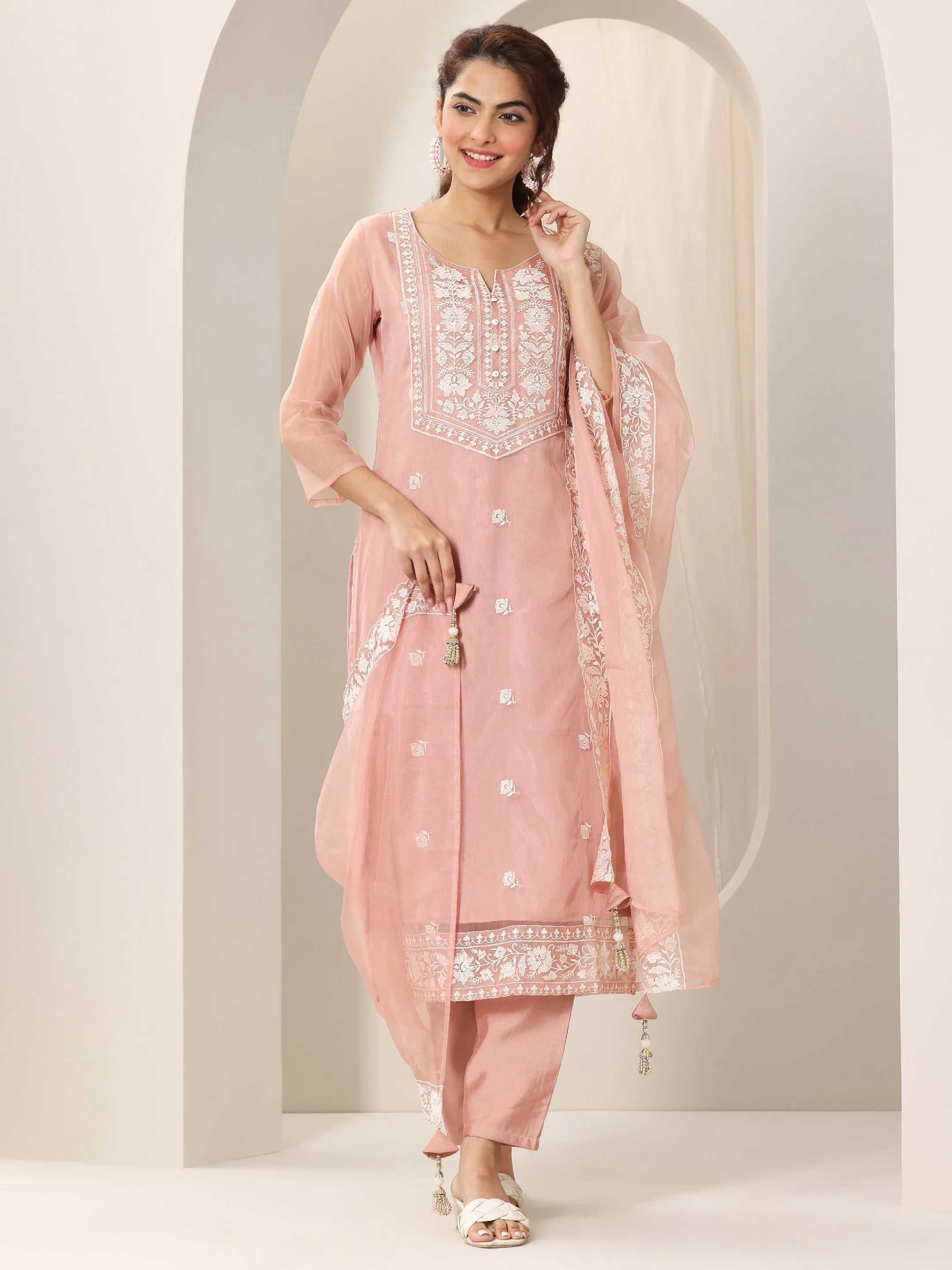 Peach Embroidered Organza Straight Suit Set With Dupatta