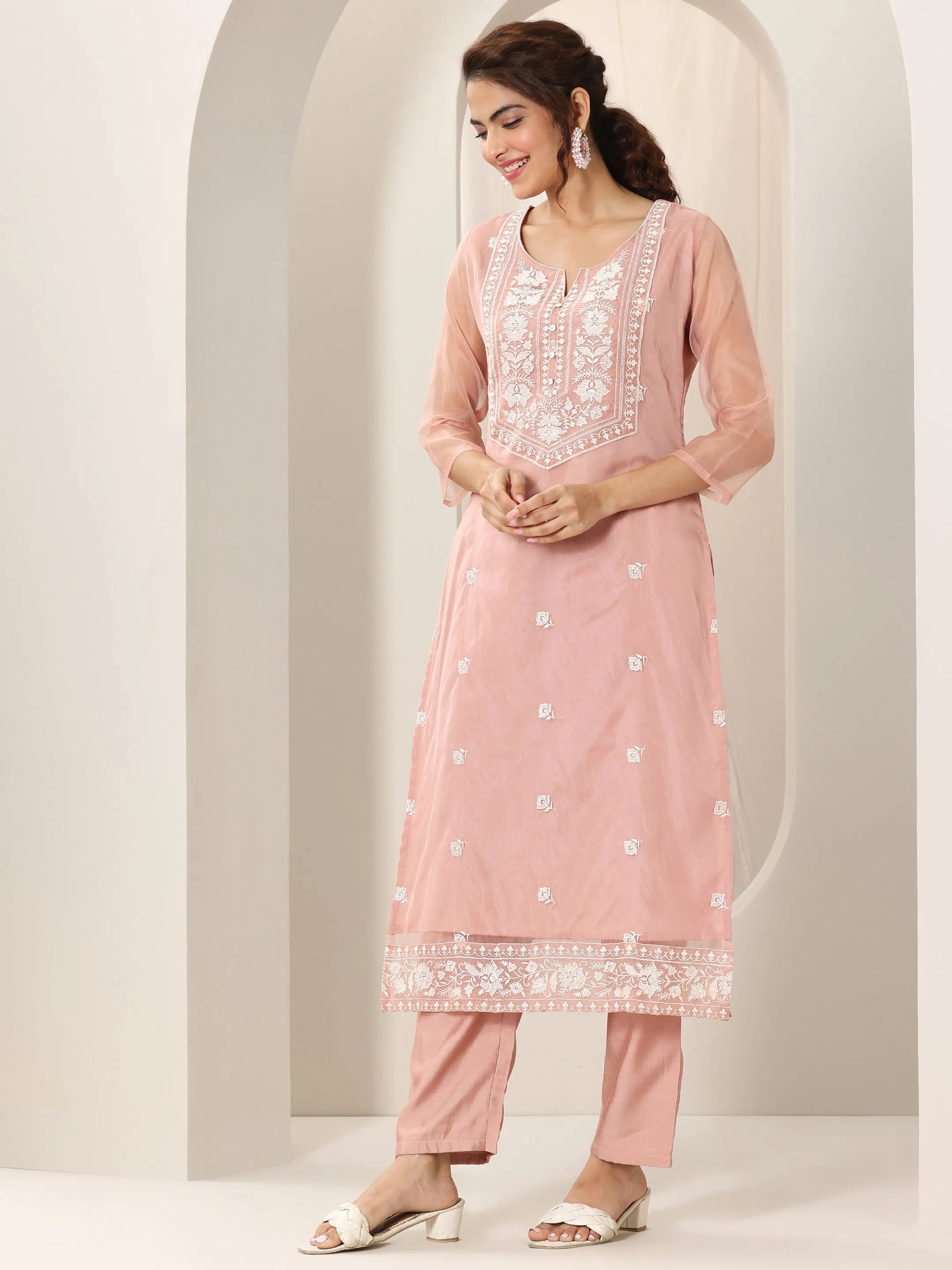 Peach Embroidered Organza Straight Suit Set With Dupatta