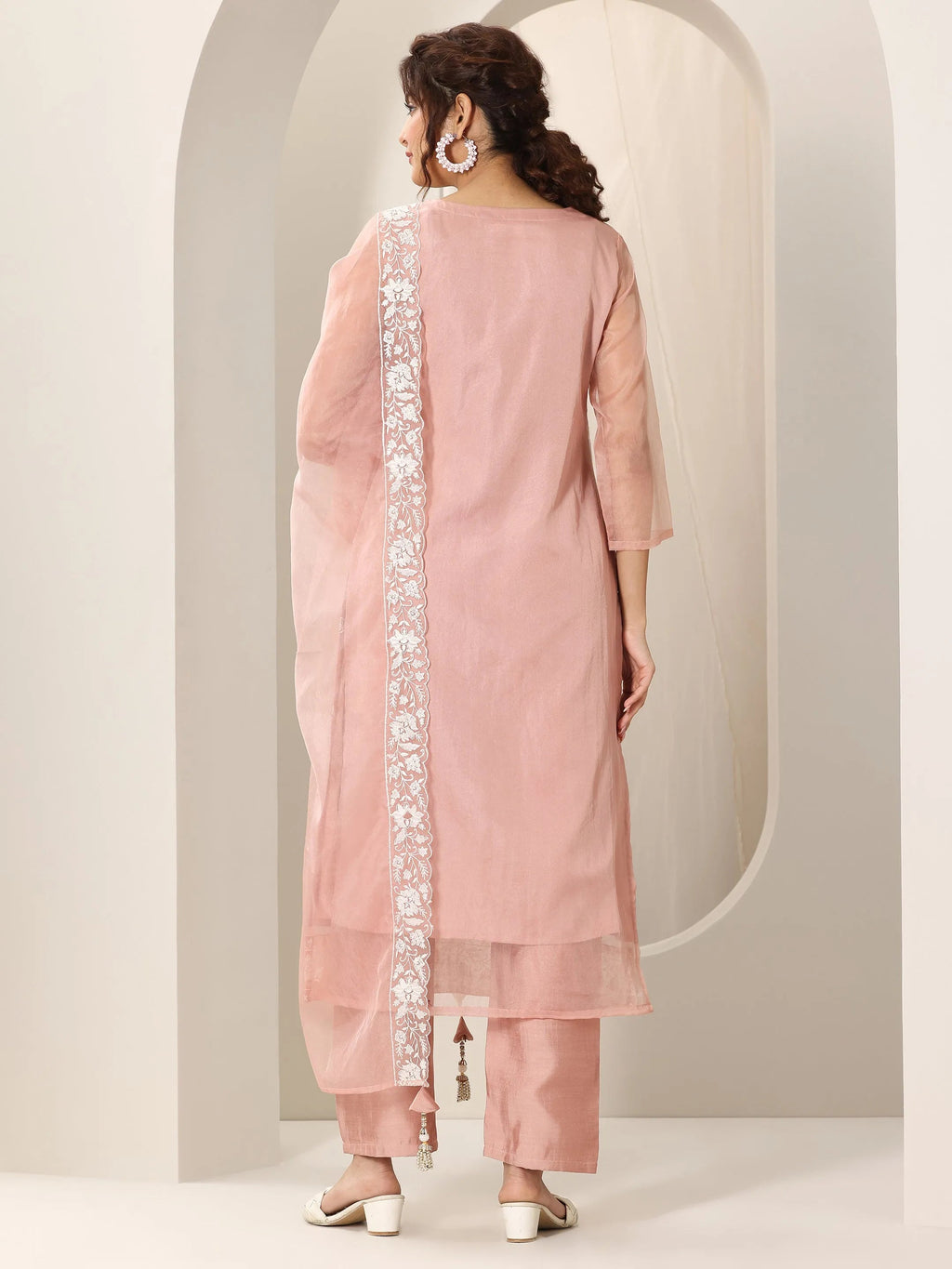 Peach Embroidered Organza Straight Suit Set With Dupatta