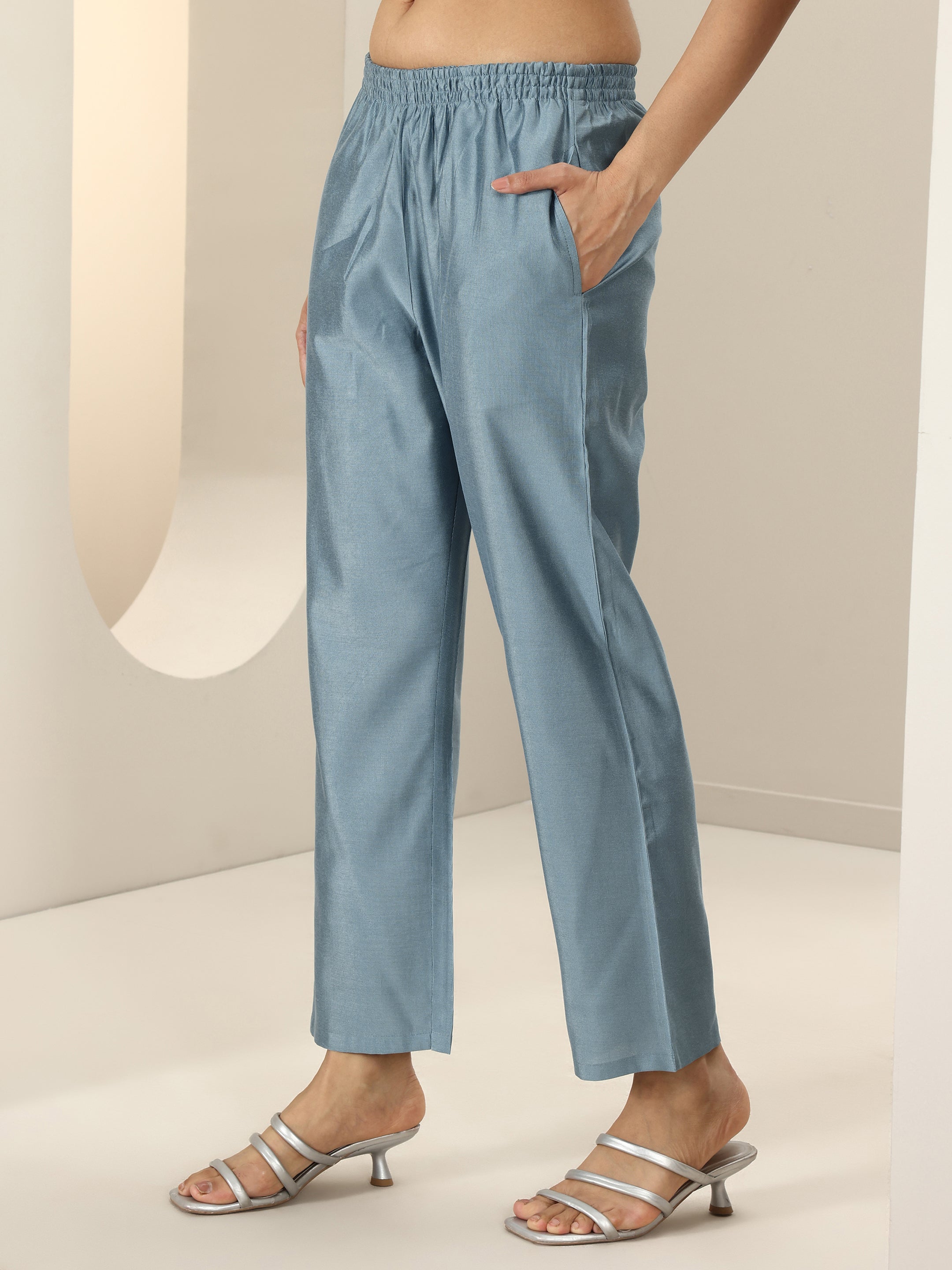 Blue Embroidered Silk Blend Straight Suit Sets With Dupatta