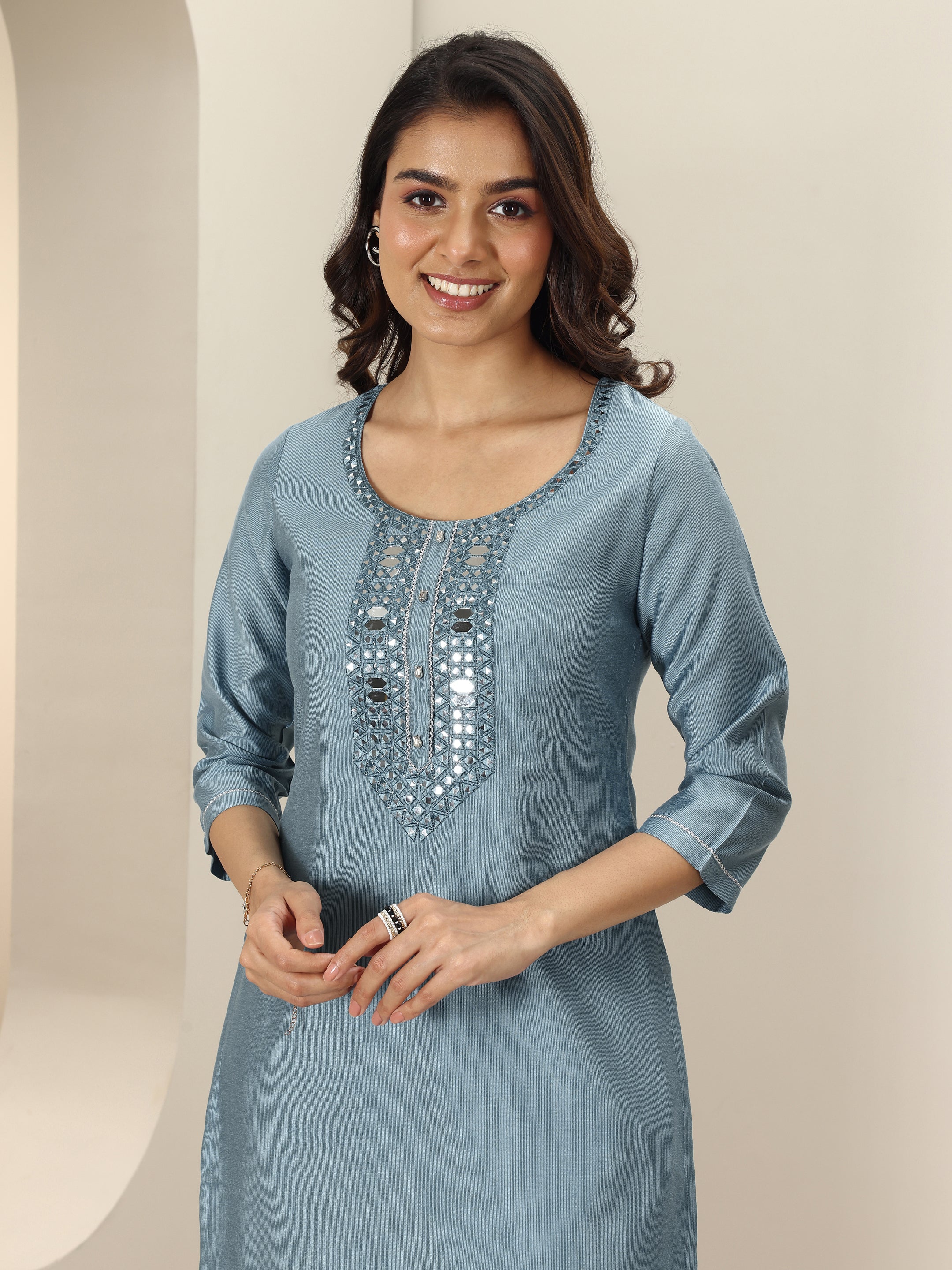 Blue Embroidered Silk Blend Straight Suit Sets With Dupatta