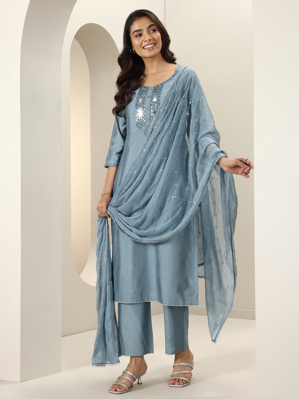 Blue Embroidered Silk Blend Straight Suit Sets With Dupatta