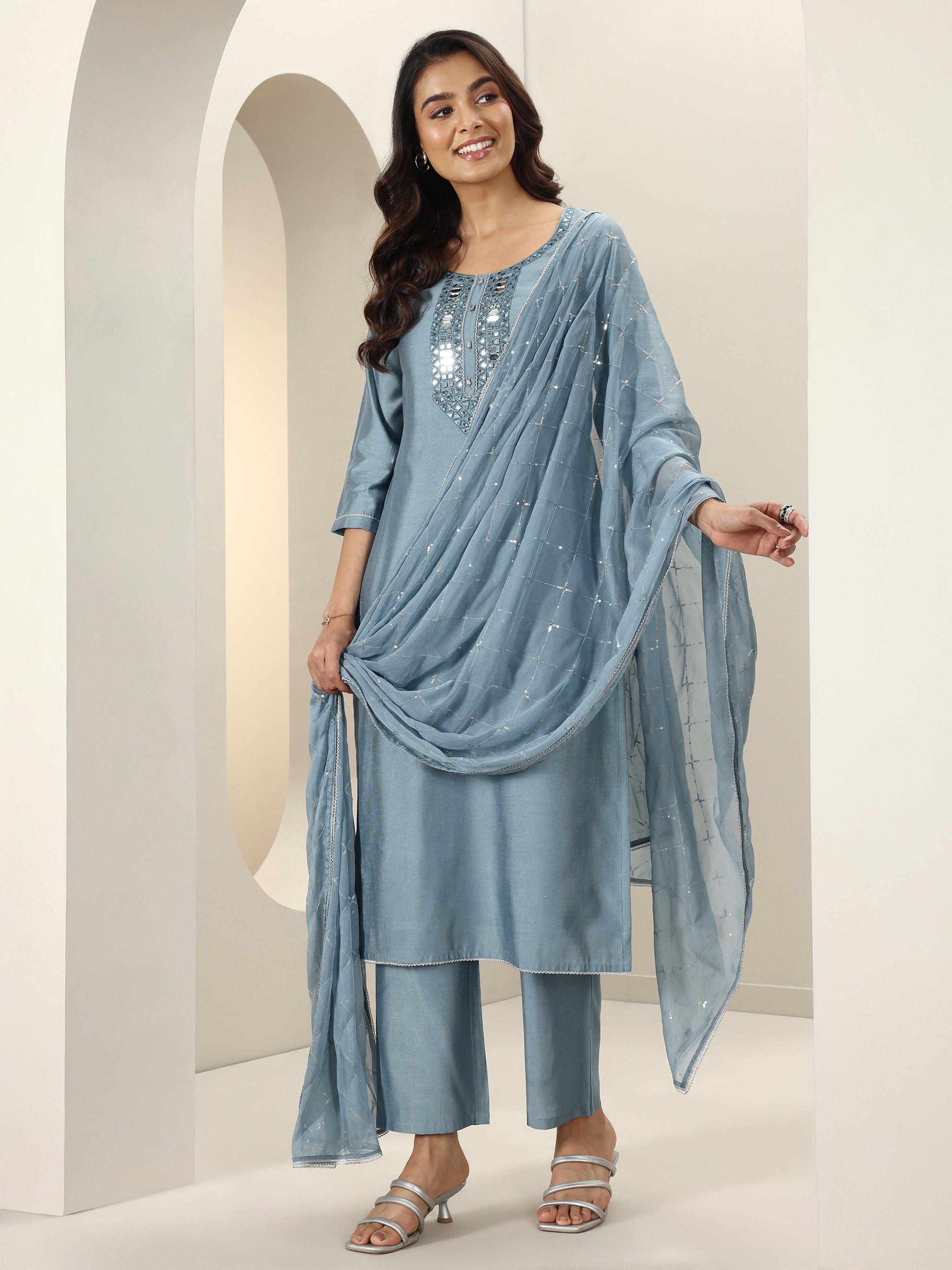 Blue Embroidered Silk Blend Straight Suit Sets With Dupatta