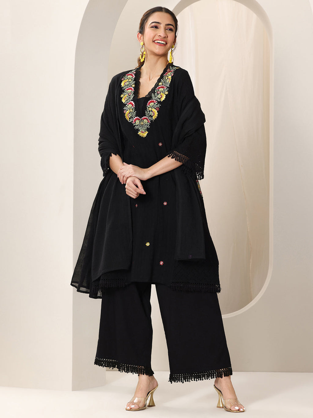 Black Embroidered Cotton Straight Suit Set With Dupatta