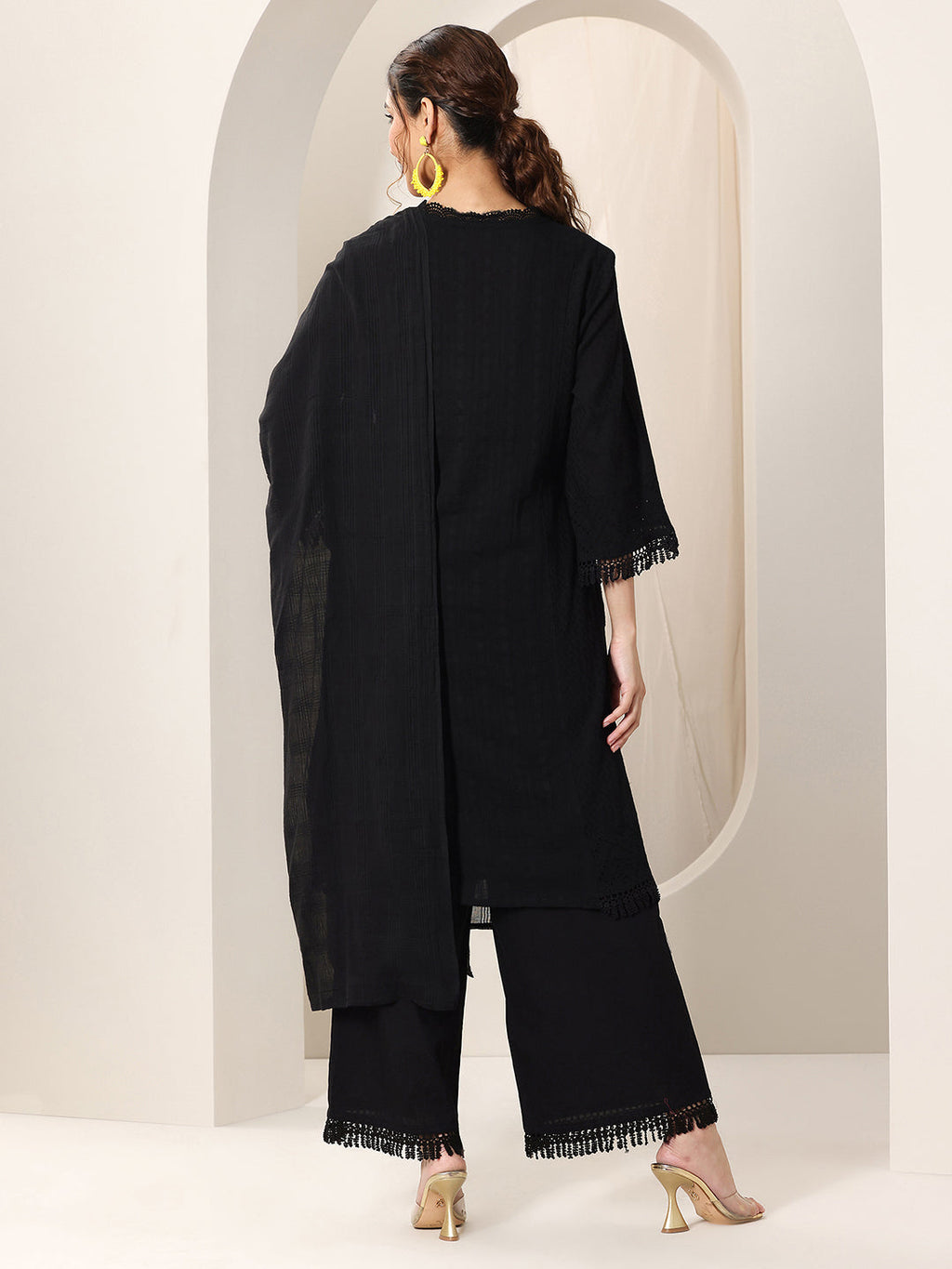 Black Embroidered Cotton Straight Suit Set With Dupatta