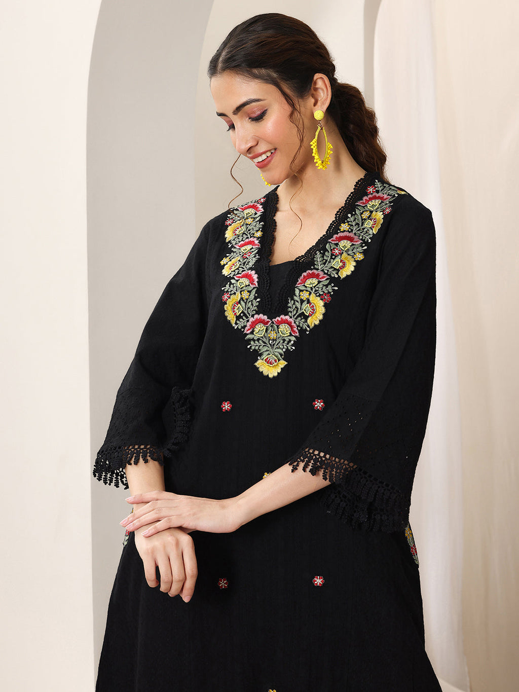 Black Embroidered Cotton Straight Suit Set With Dupatta