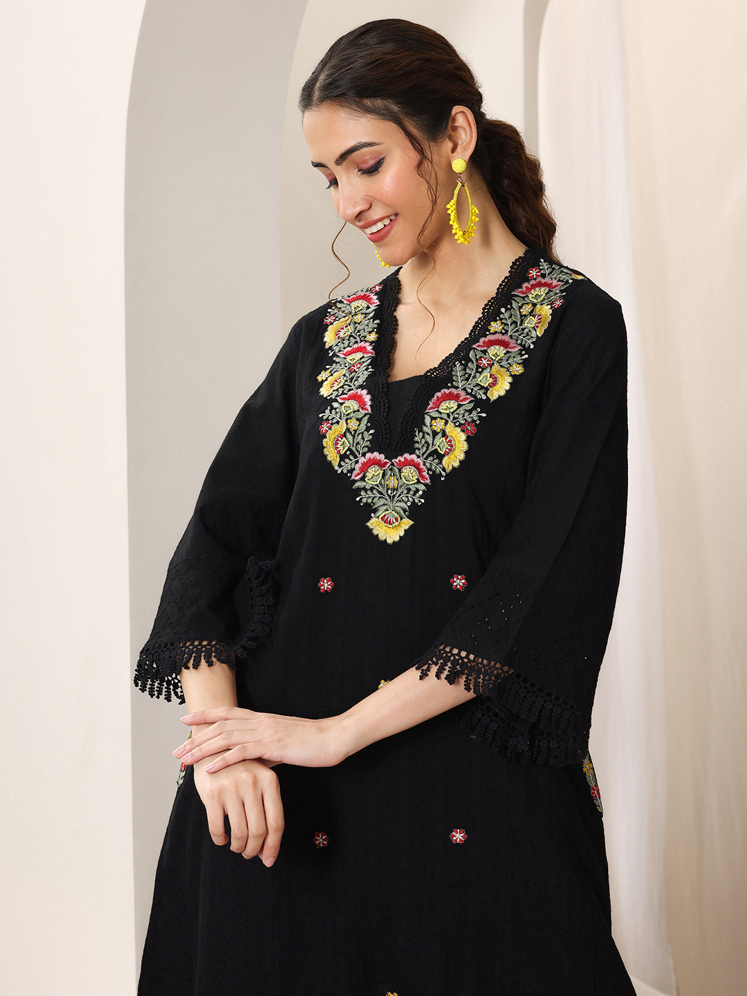 Black Embroidered Cotton Straight Suit Set With Dupatta