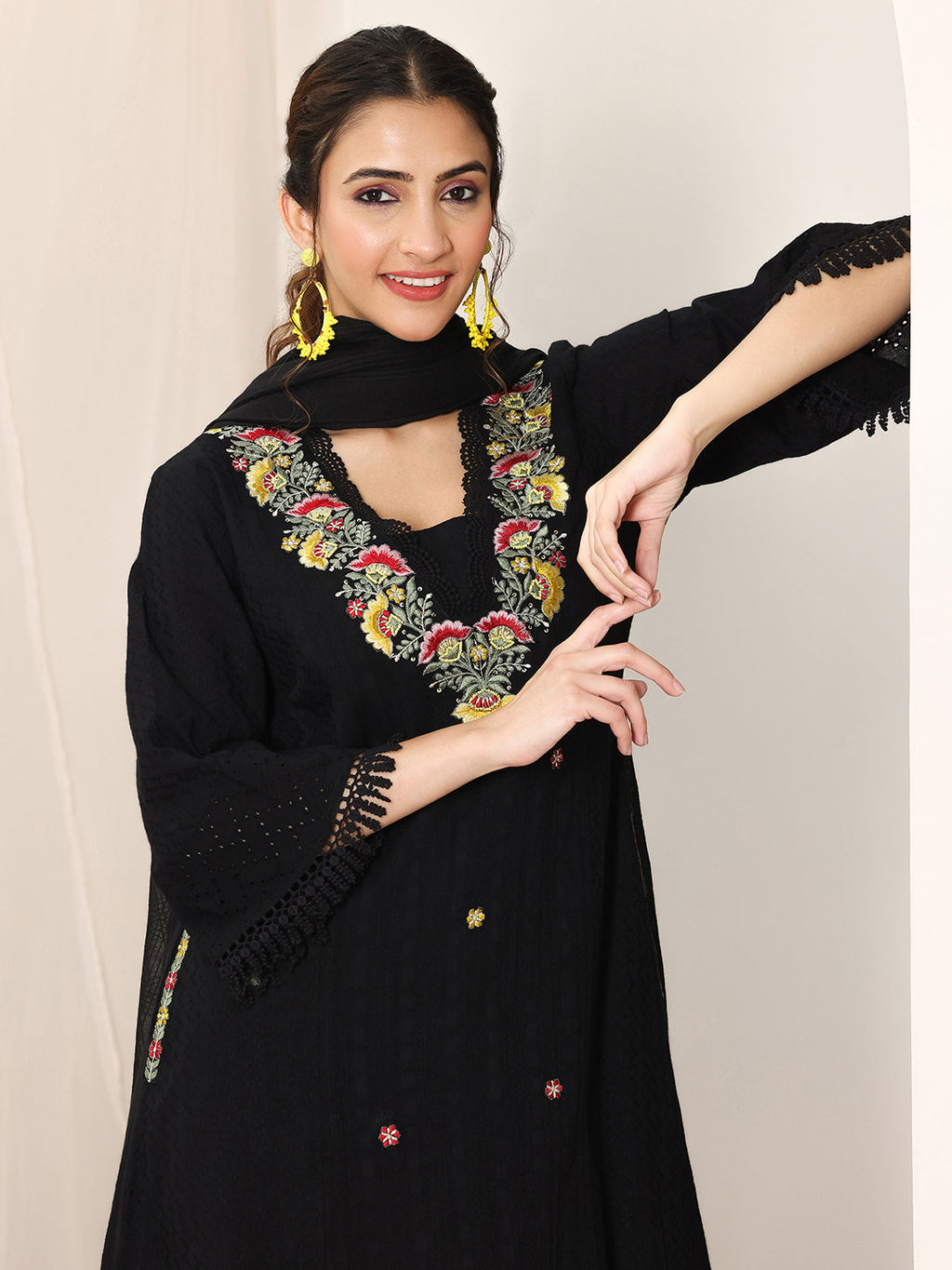 Black Embroidered Cotton Straight Suit Set With Dupatta