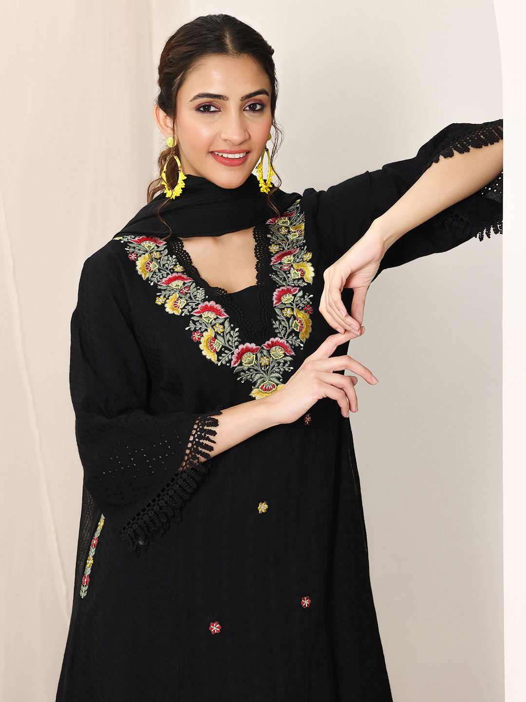 Black Embroidered Cotton Straight Suit Set With Dupatta