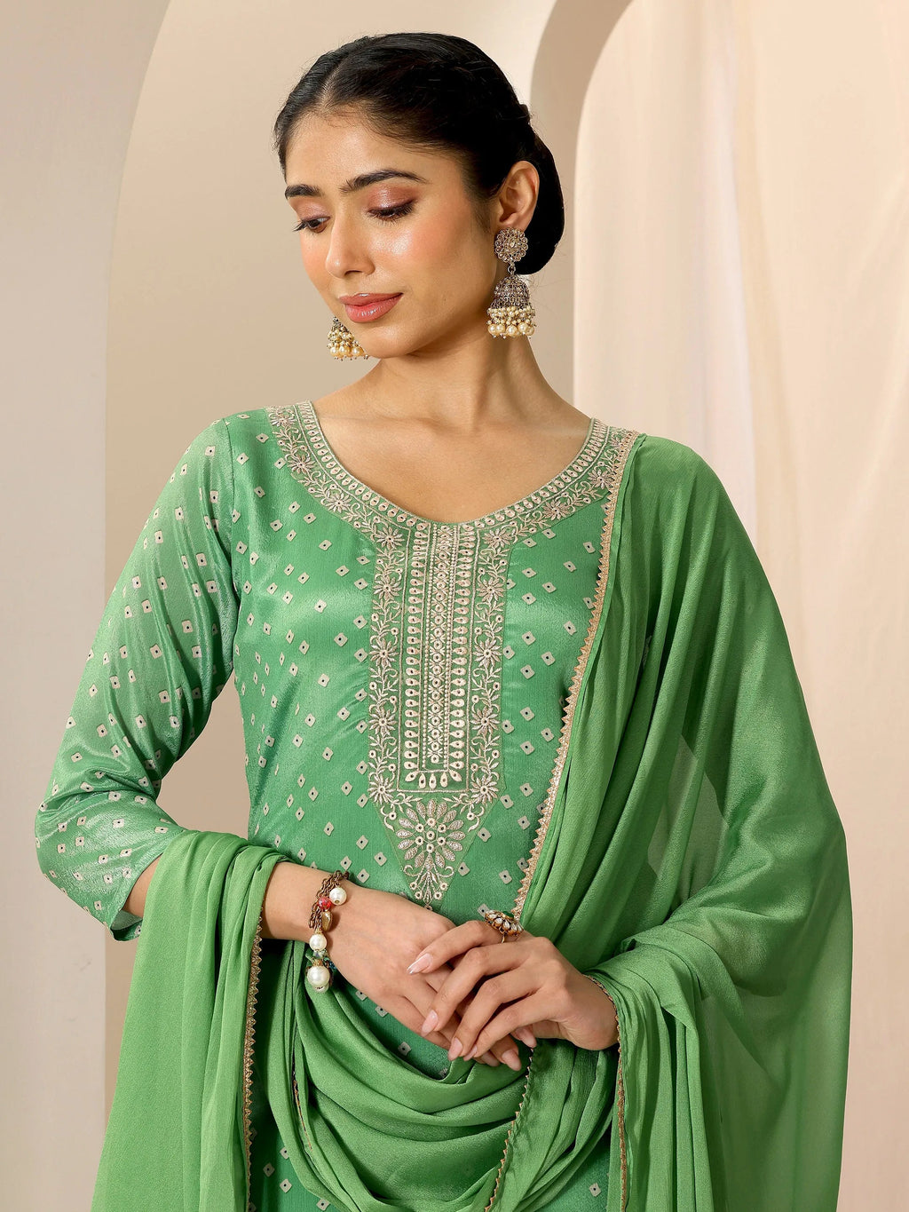 Green Printed Silk Blend Straight Suit Set With Dupatta