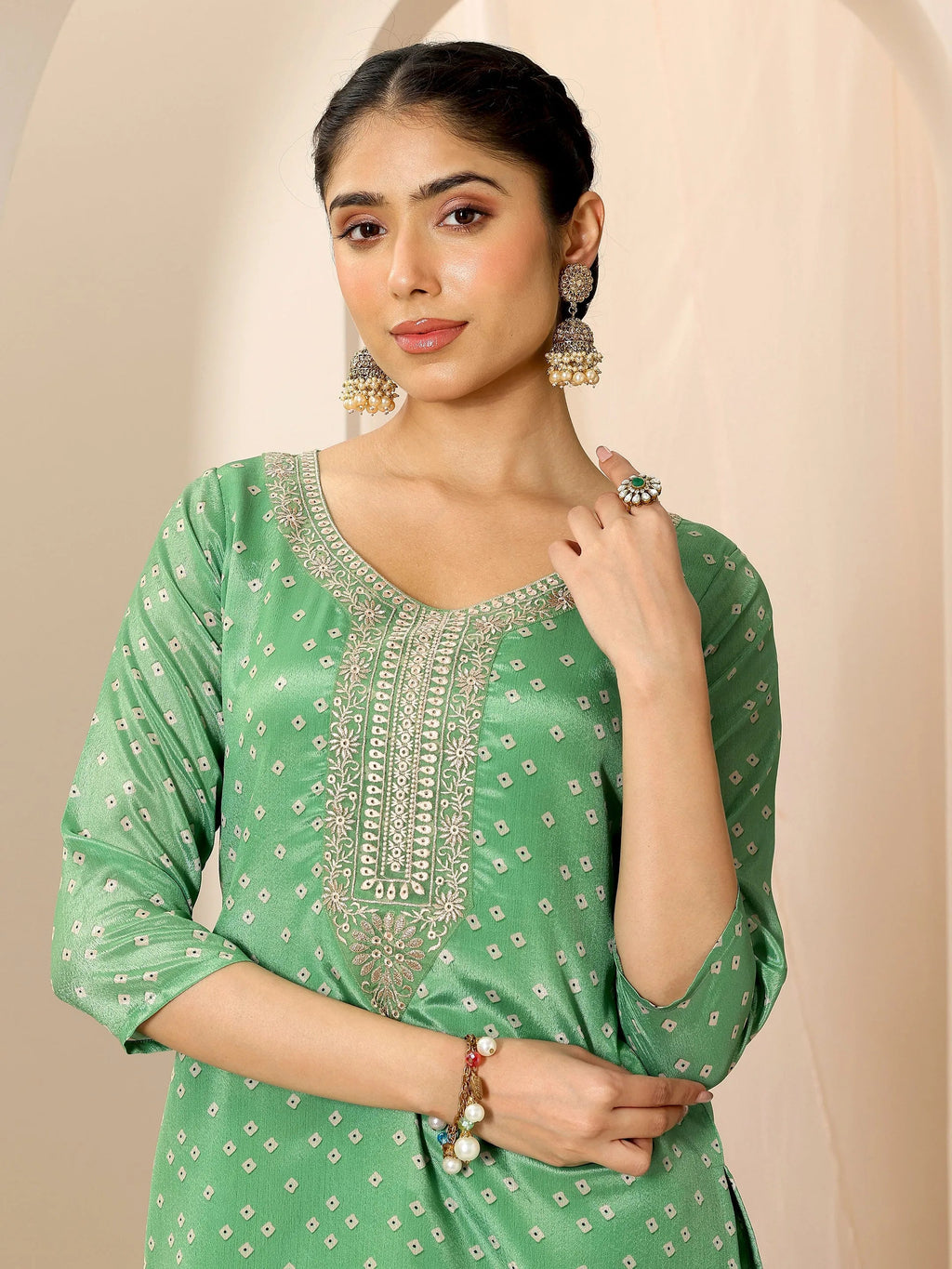 Green Printed Silk Blend Straight Suit Set With Dupatta