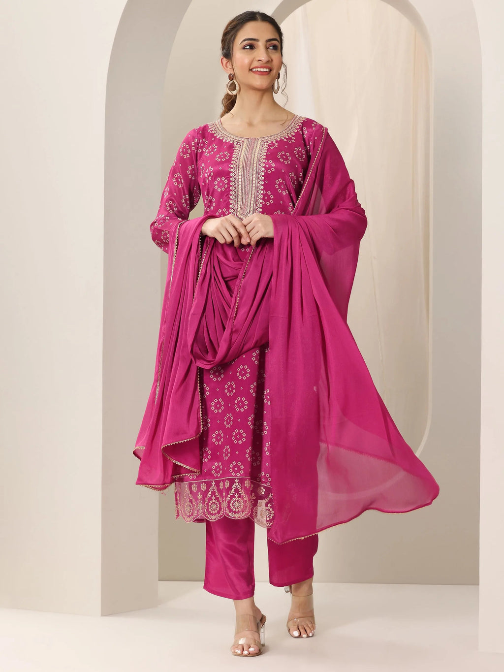 Pink Printed Silk Blend Straight Suit Set With Dupatta