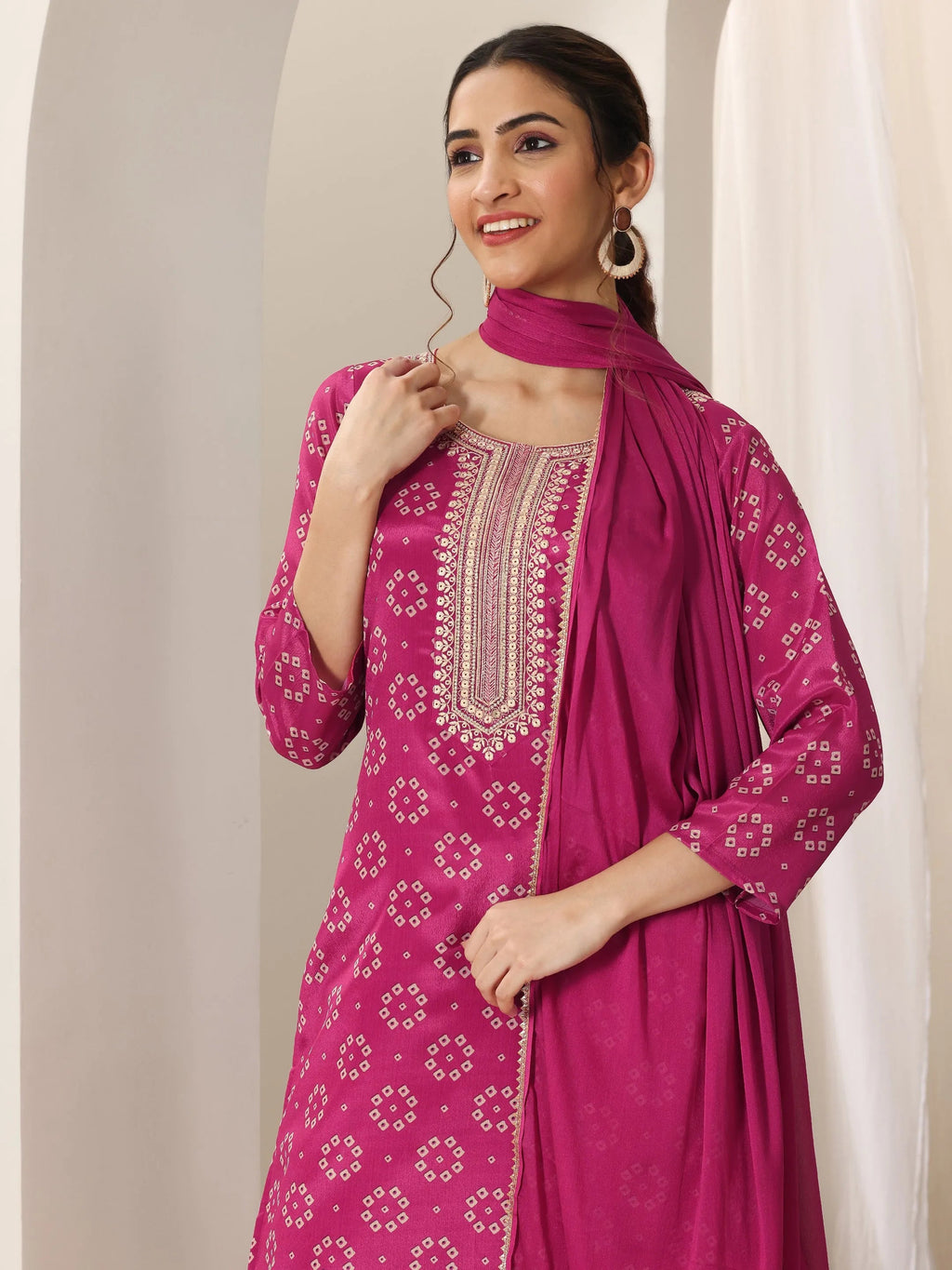 Pink Printed Silk Blend Straight Suit Set With Dupatta