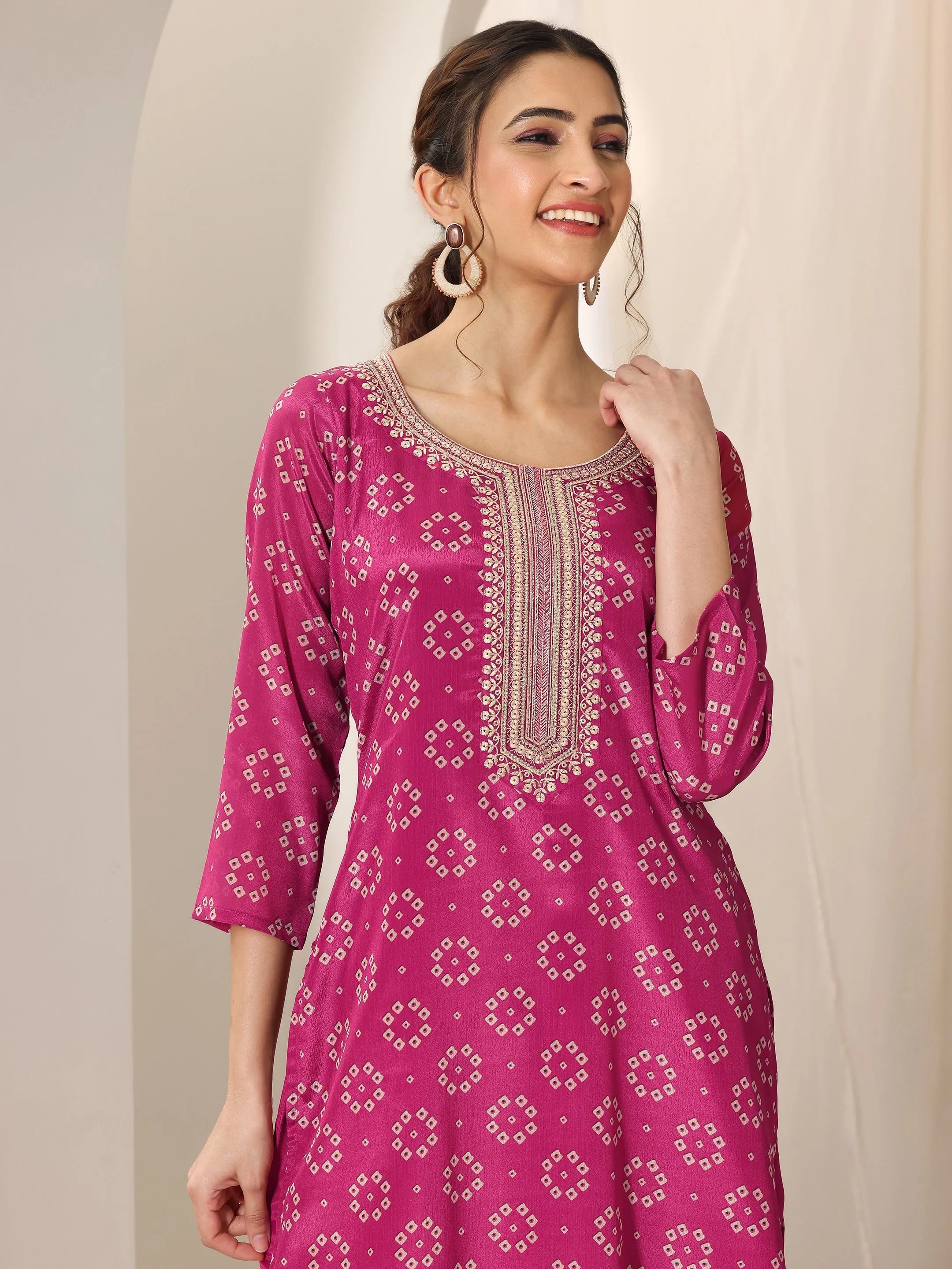 Pink Printed Silk Blend Straight Suit Set With Dupatta