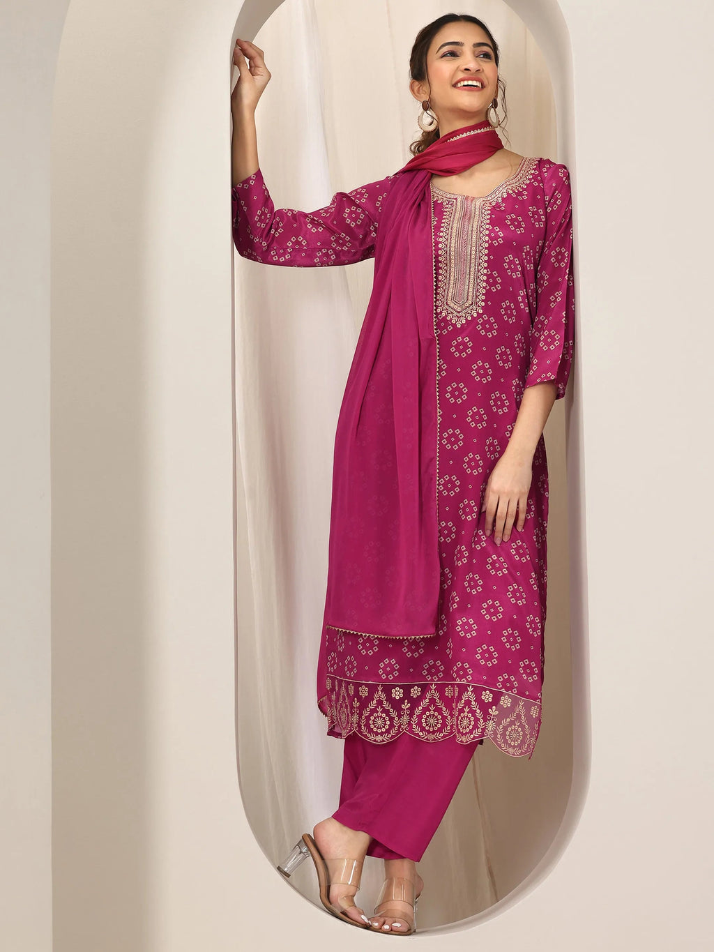 Pink Printed Silk Blend Straight Suit Set With Dupatta