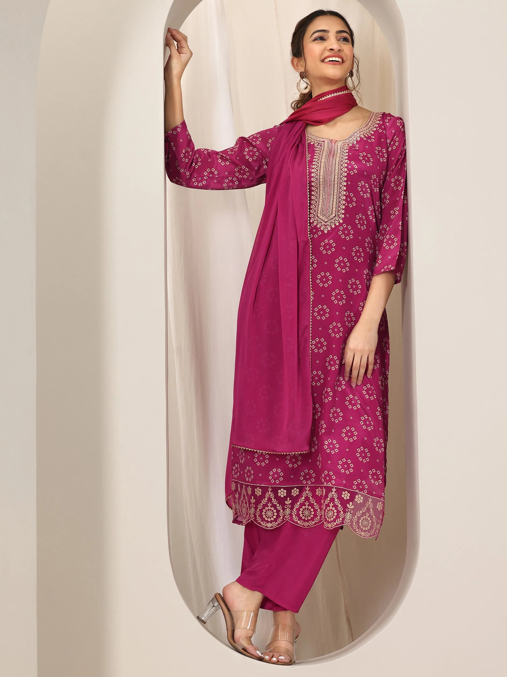 Pink Printed Silk Blend Straight Suit Set With Dupatta
