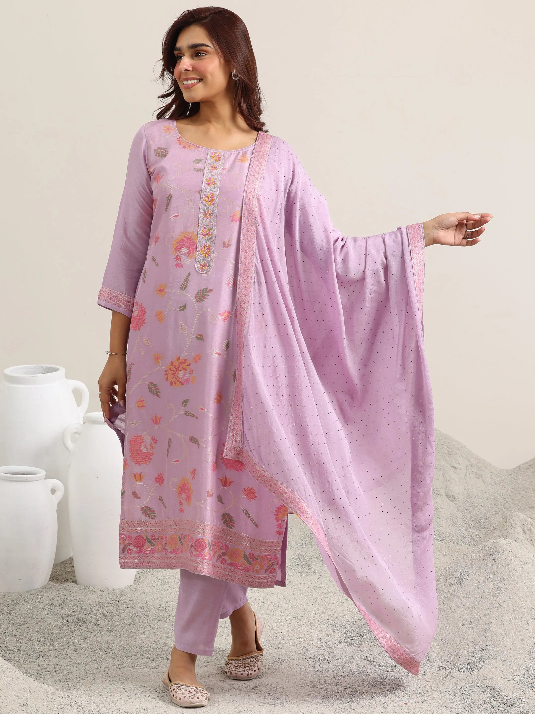 Lavender Woven Design Silk Blend Straight Suit With Dupatta