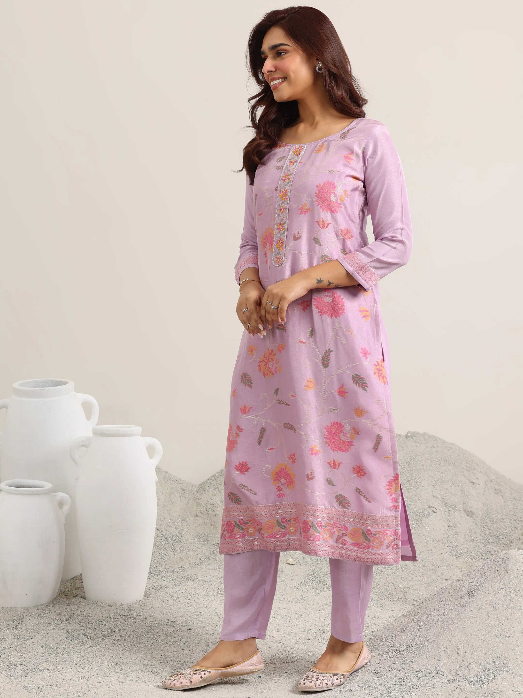 Lavender Woven Design Silk Blend Straight Suit With Dupatta