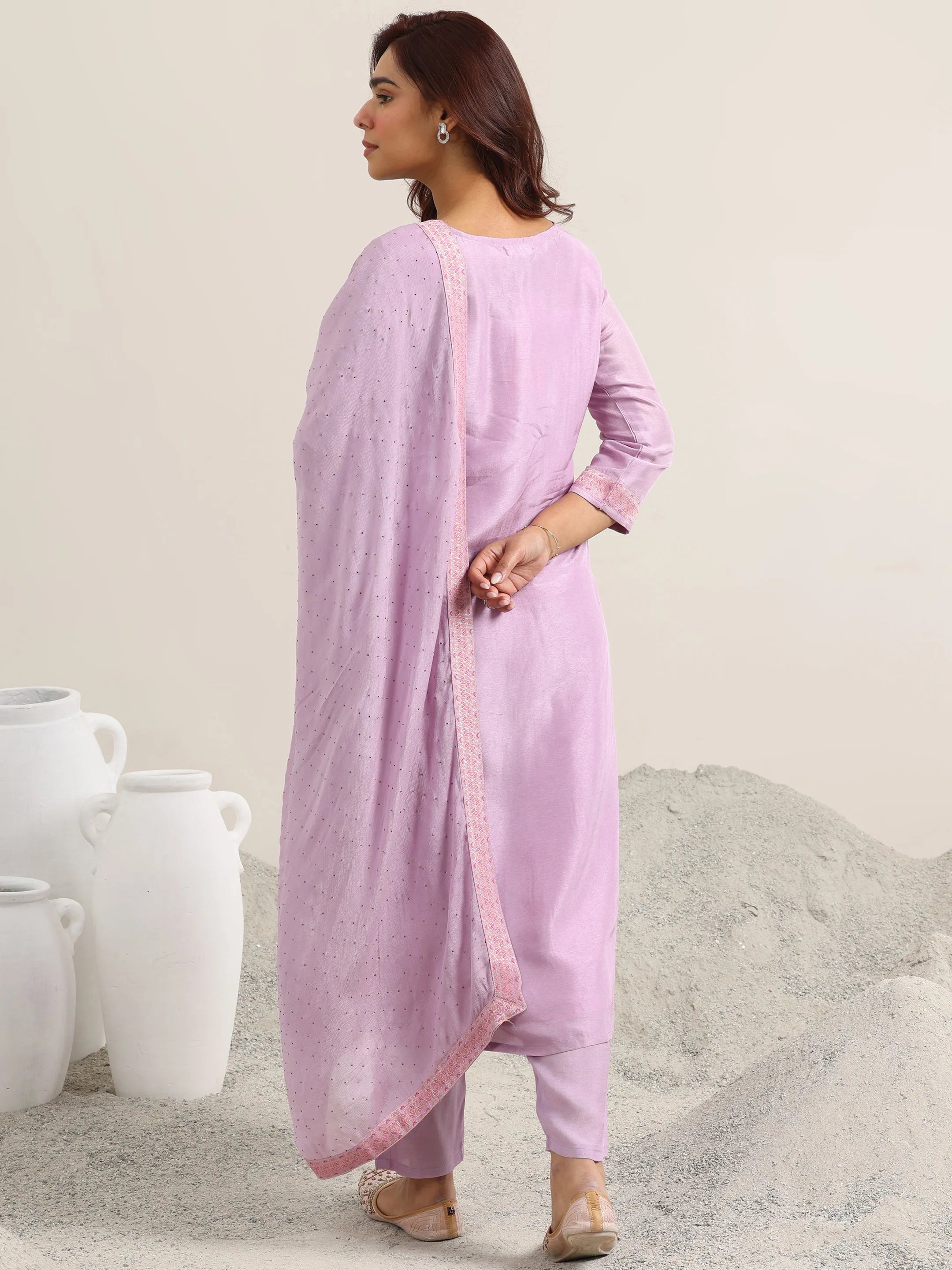 Lavender Woven Design Silk Blend Straight Suit With Dupatta