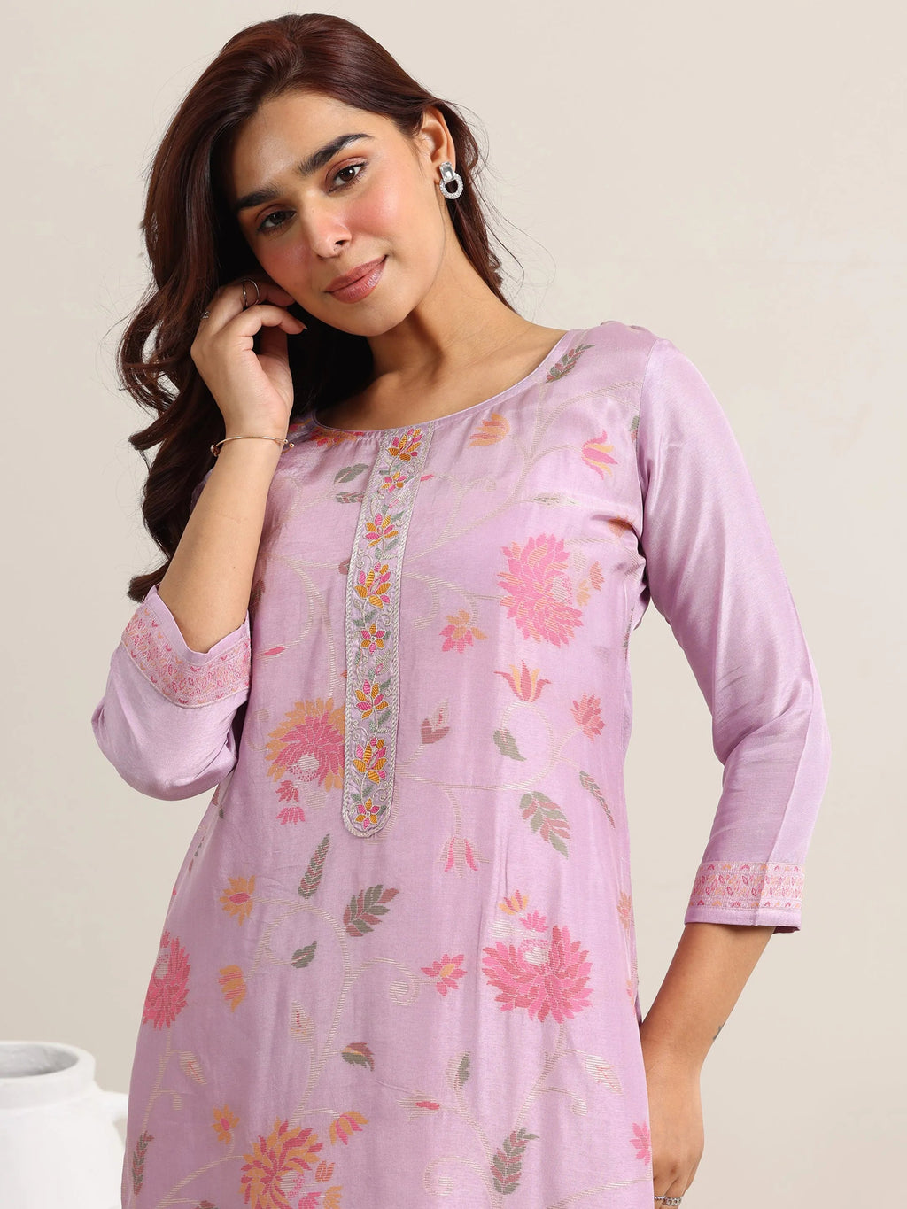 Lavender Woven Design Silk Blend Straight Suit With Dupatta