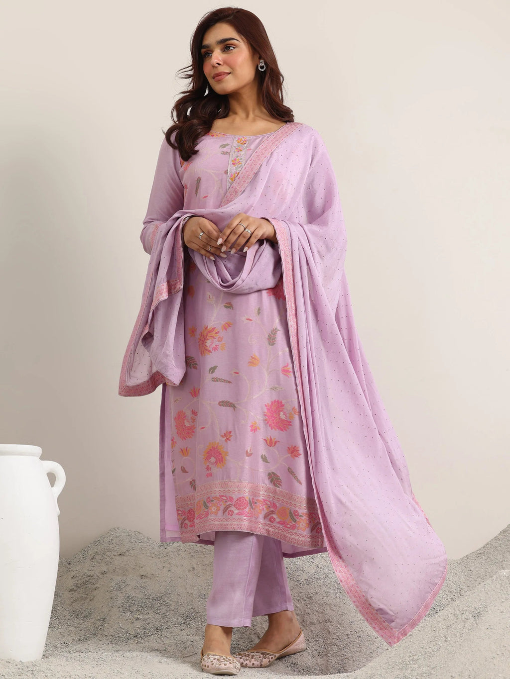 Lavender Woven Design Silk Blend Straight Suit With Dupatta