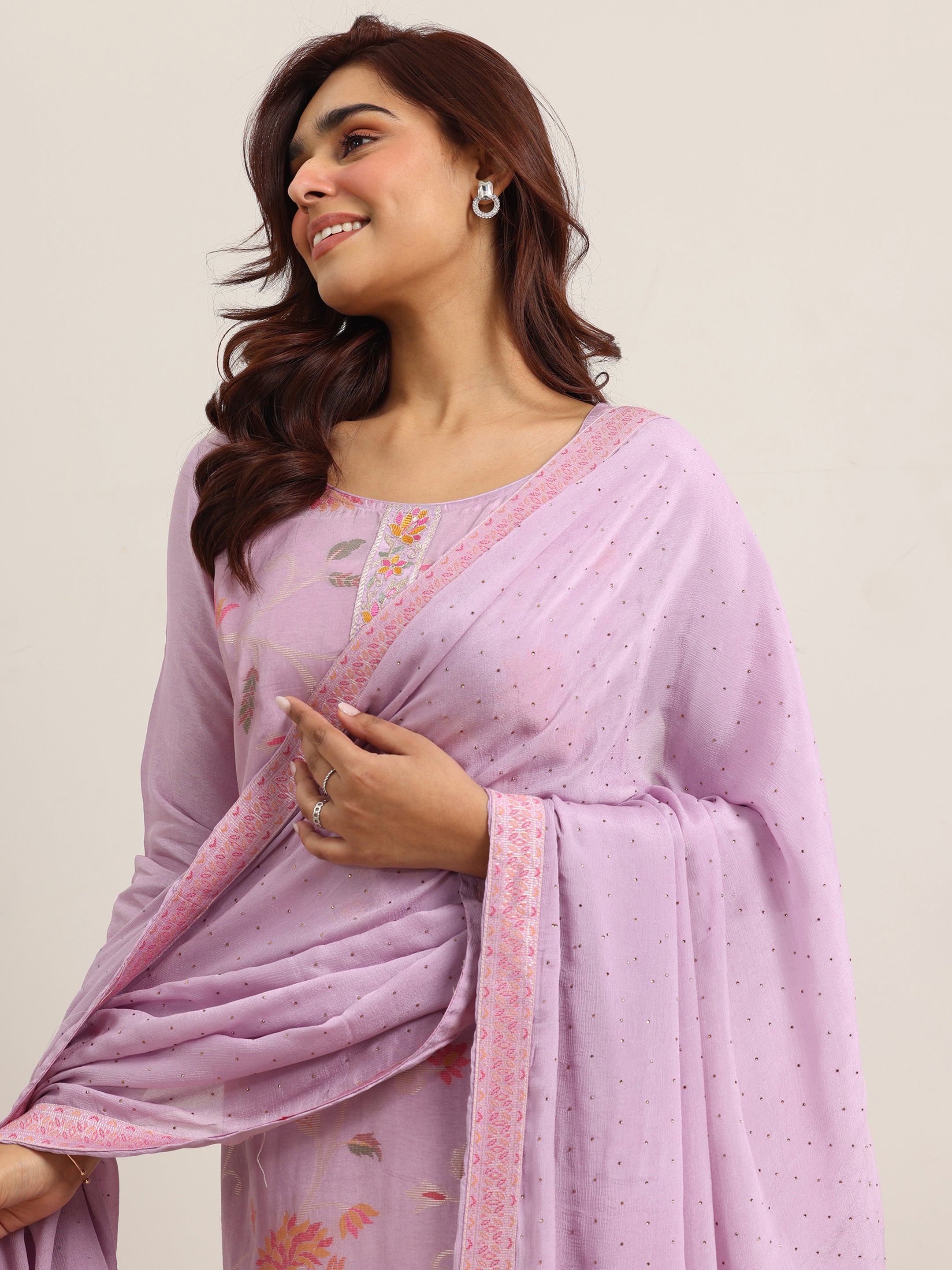 Lavender Woven Design Silk Blend Straight Suit With Dupatta