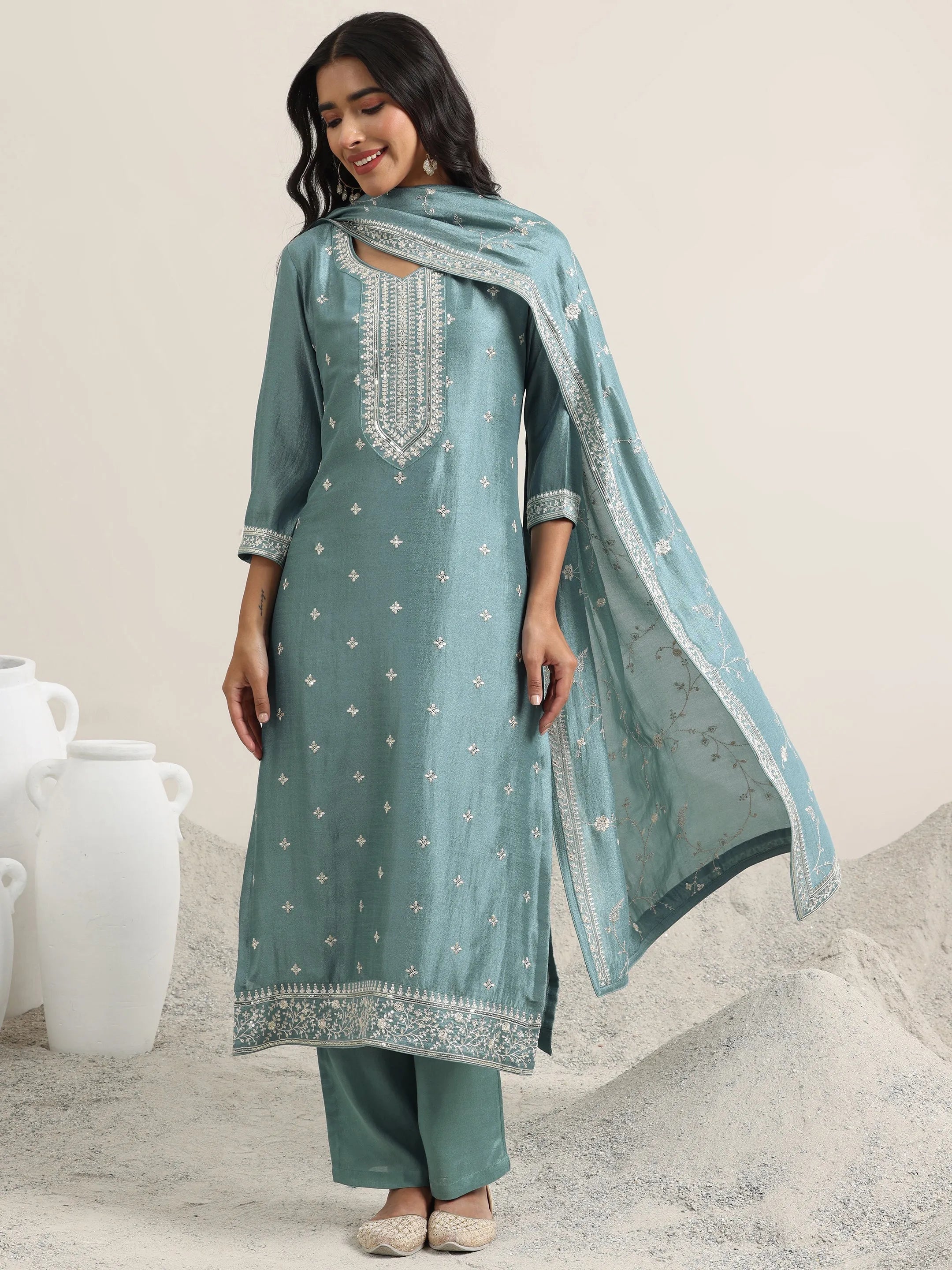 Blue Embroidered Silk Blend Straight Suit With Dupatta