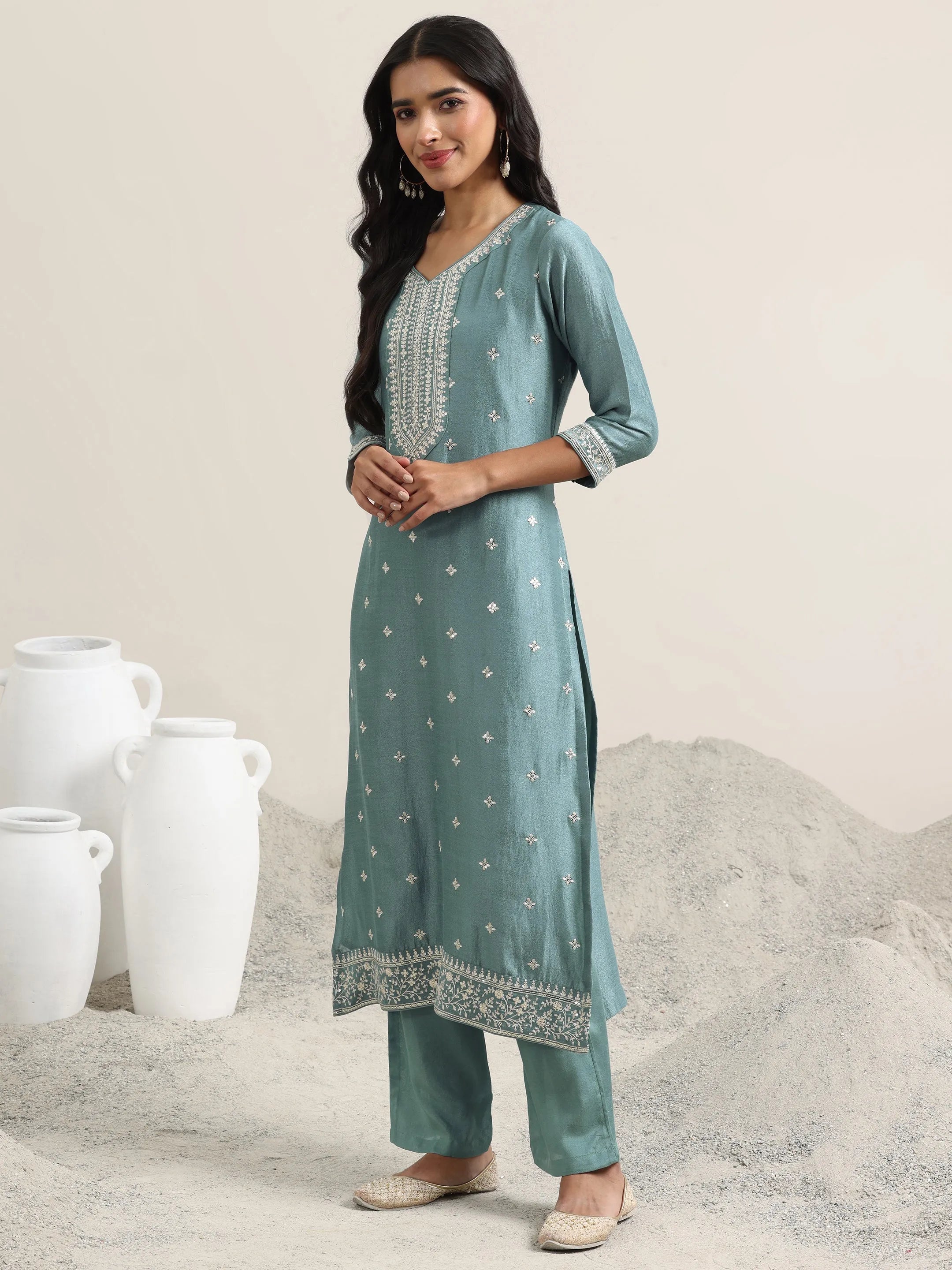Blue Embroidered Silk Blend Straight Suit With Dupatta